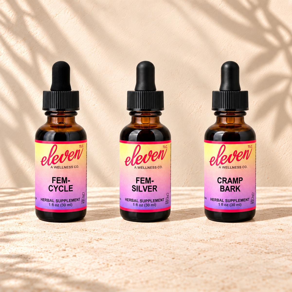 Eleven TLC Fem-Cycle, Fem-Silver and Cramp Bark herbal tinctures