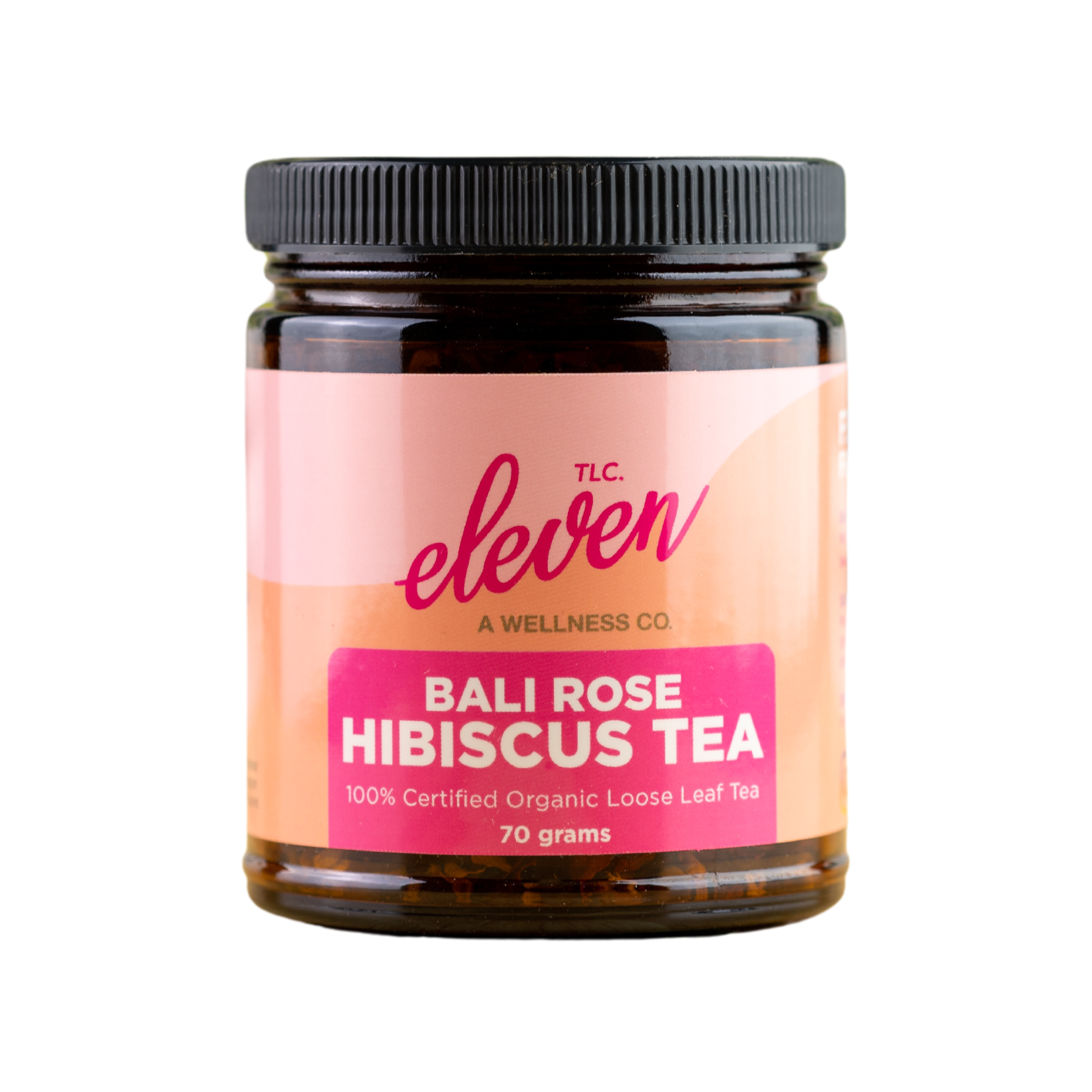 Bali Rose organic loose leaf tea featuring hibiscus, ginger, rose, and cinnamon, styled for versatile brewing—hot, cold, or as mocktails.