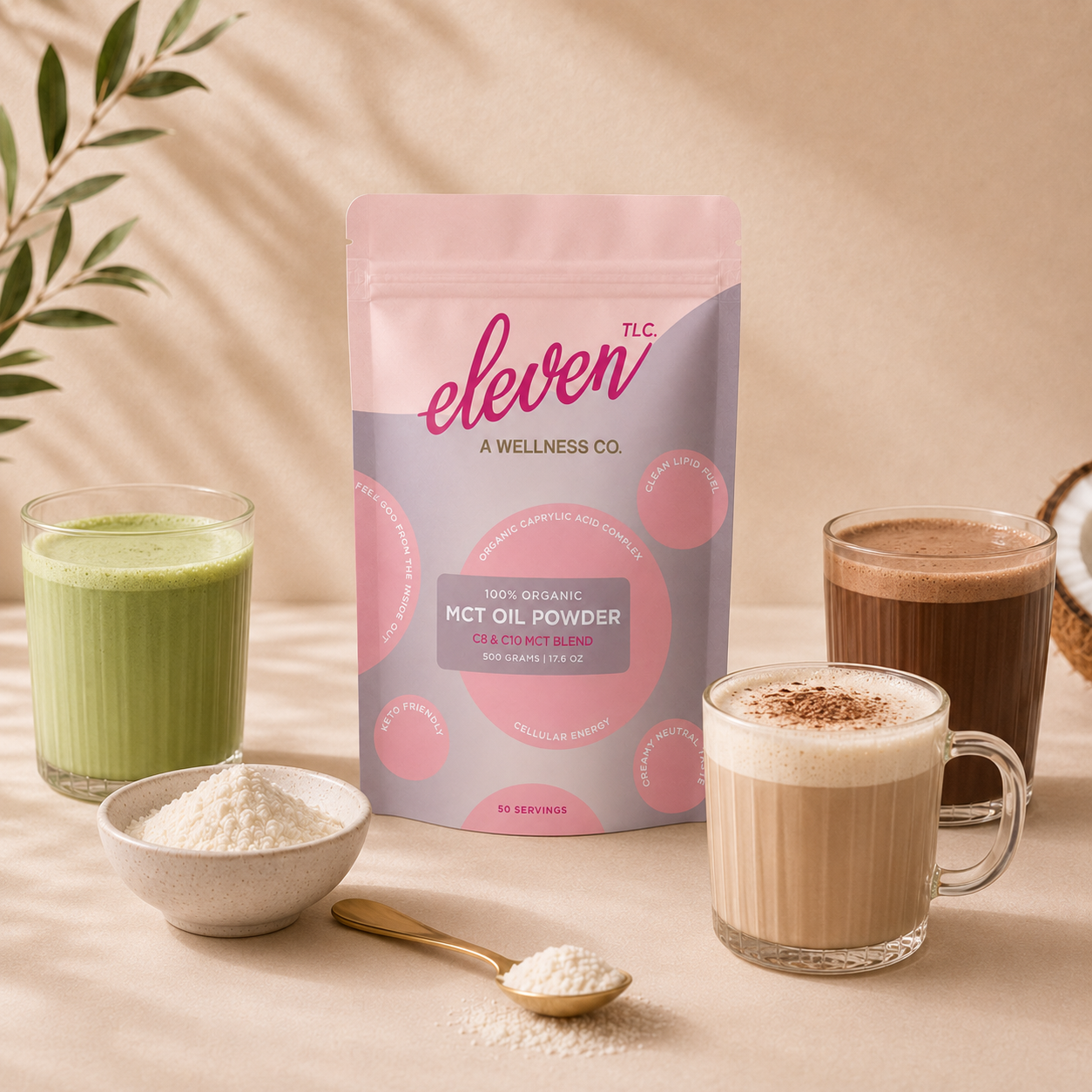 Eleven TLC MCT Oil Powder 500g in minimalist kitchen; functional supplement for daily signal beverage preparation.
