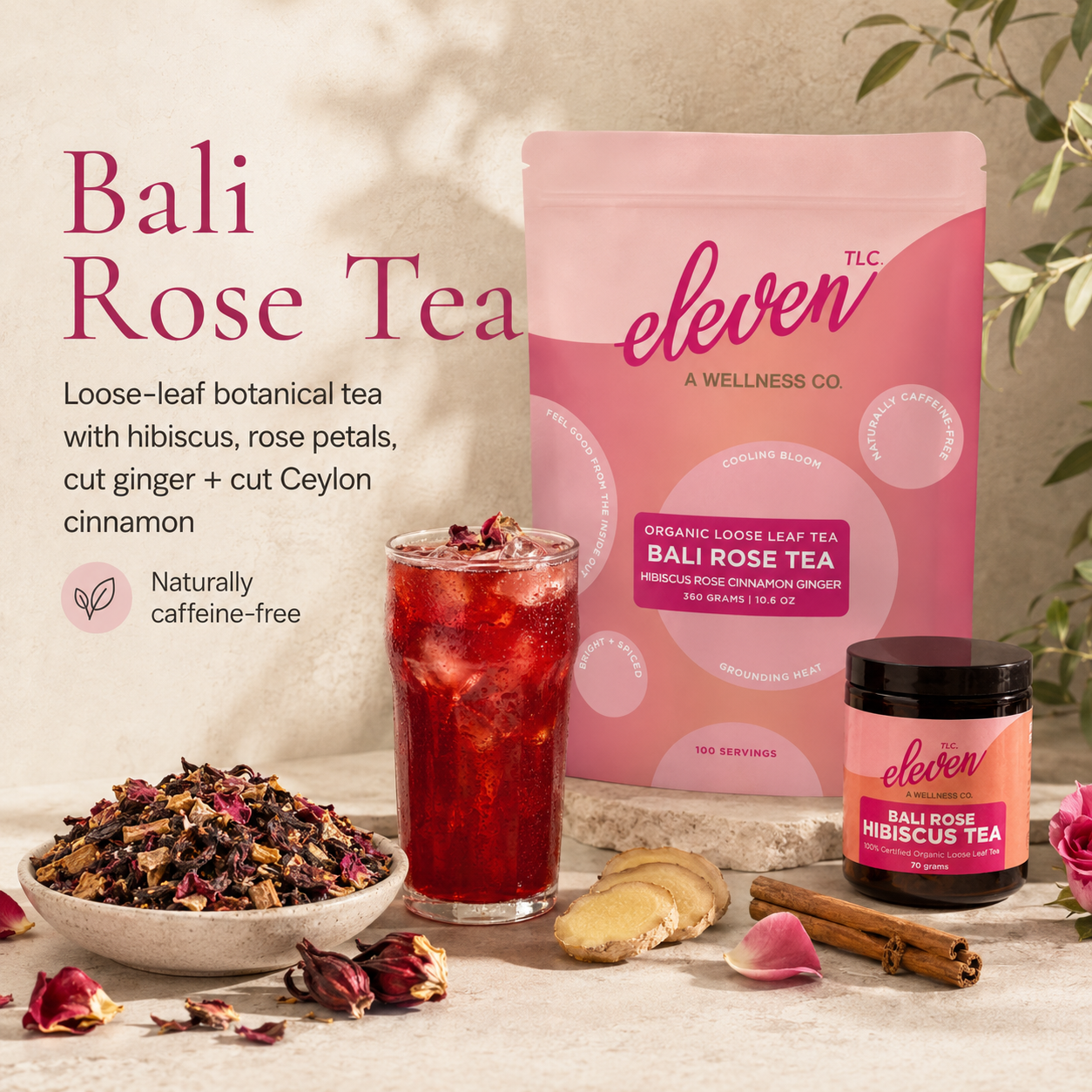 Bali Rose Tea loose-leaf botanical tea with 360 gram pouch, 70 gram amber glass jar, a glass of iced hibiscus tea, and a bowl of loose leaf blend with hibiscus, rose petals, cut ginger, and cut cinnamon.
If