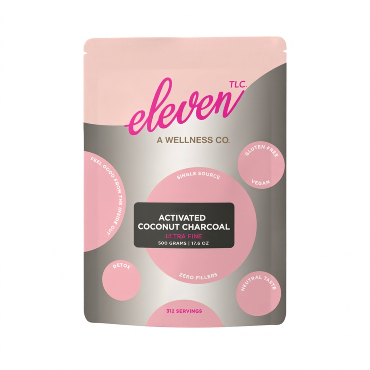 Front of Eleven TLC activated coconut charcoal powder 500 g resealable pouch in pink and silver, labeled ultra fine, 500 grams / 17.6 oz.