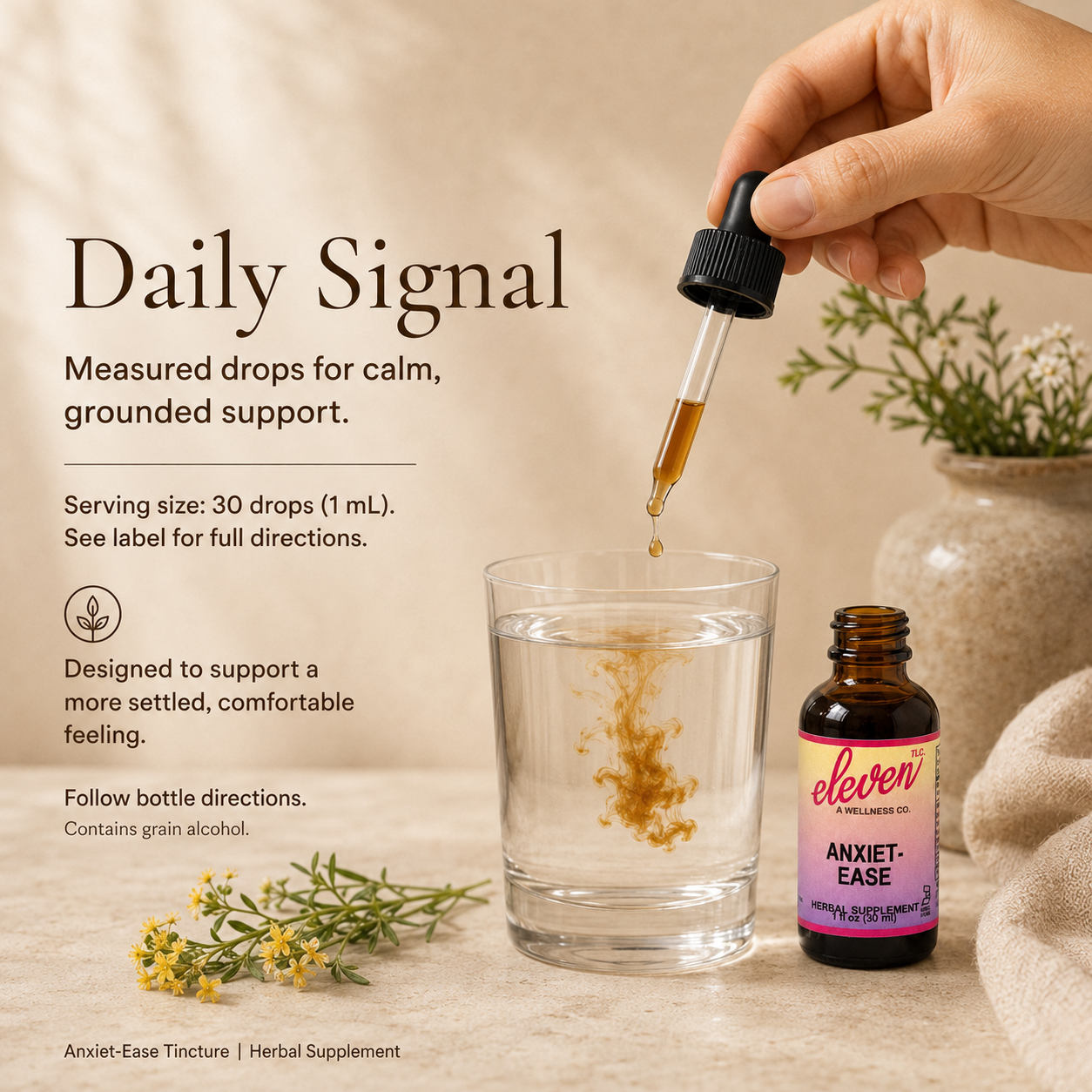 Eleven TLC Anxiet-Ease instructional slide detailing 30 drop daily signal dosage, usage instructions, and safety warnings.