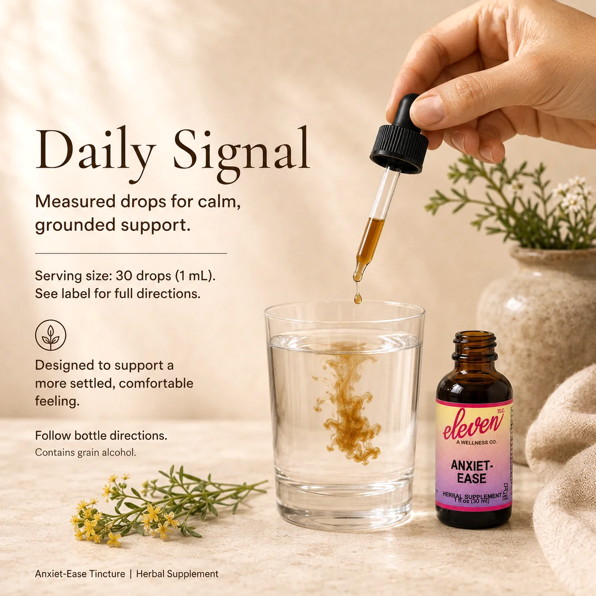 Eleven TLC Anxiet-Ease instructional slide detailing 30 drop daily signal dosage, usage instructions, and safety warnings.