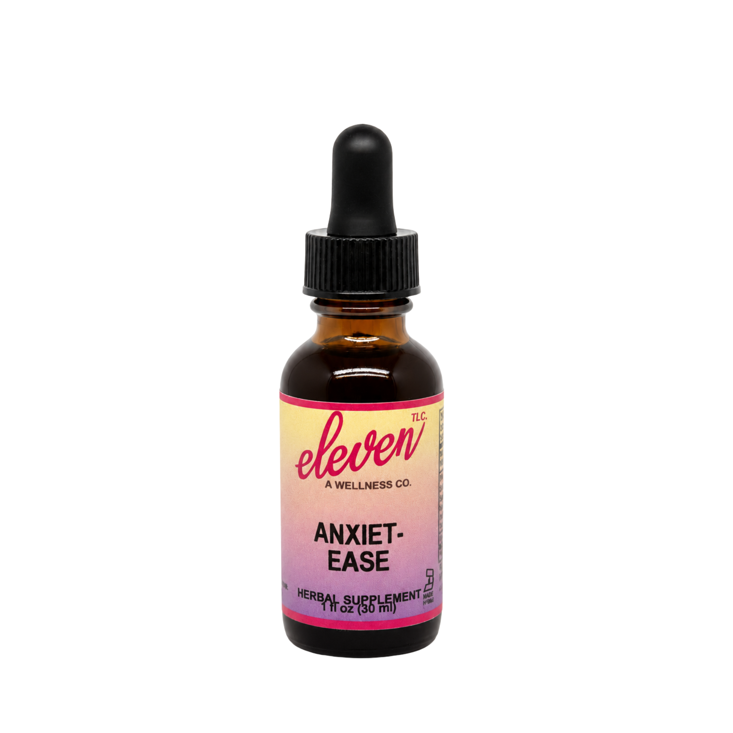 oz amber glass bottle of Anxiet-Ease herbal tincture featuring Eleven TLC branding and botanical extract dropper.