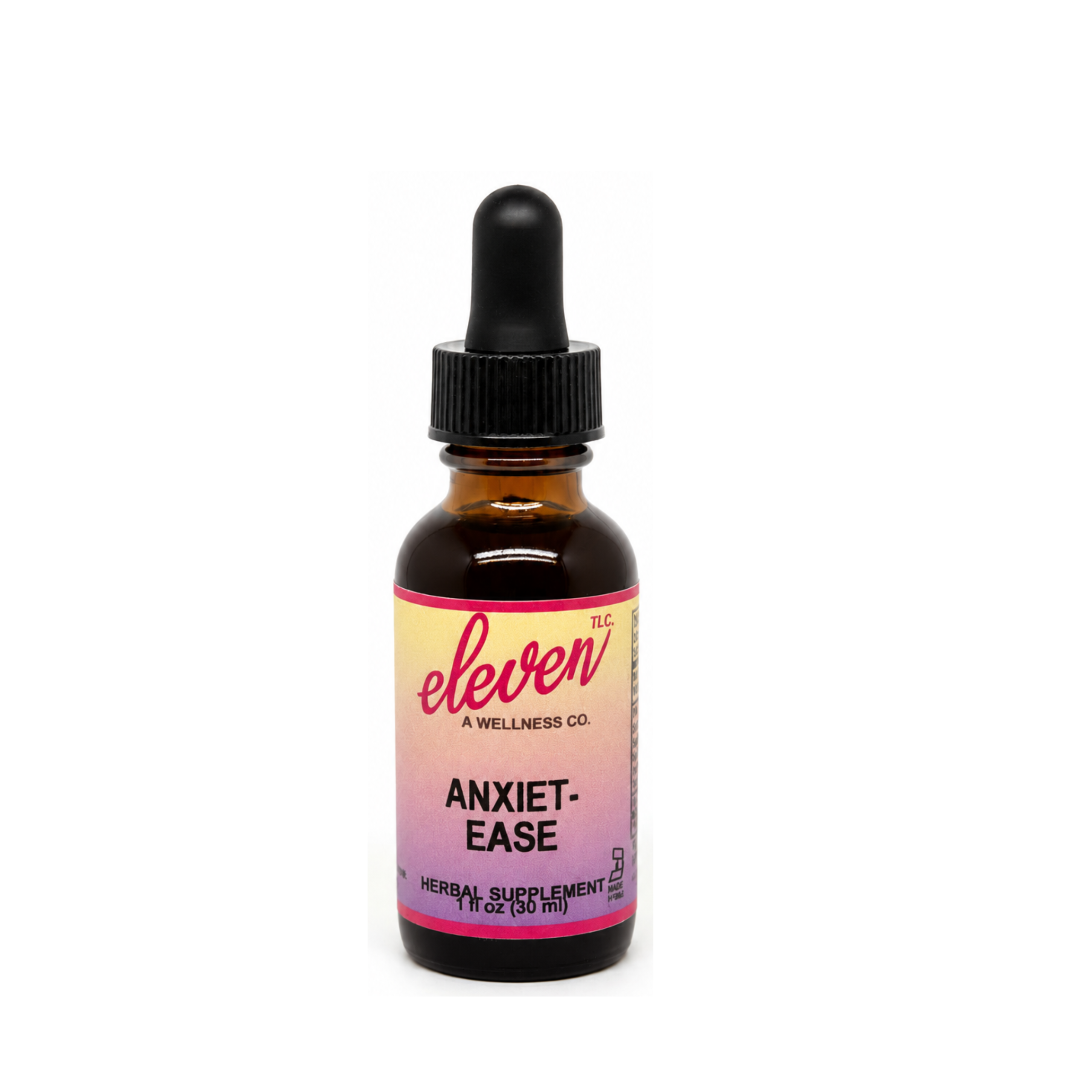 Eleven TLC 1oz Anxiet-Ease herbal tincture dropper bottle with branding on white background.