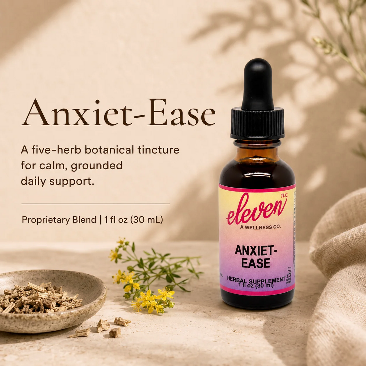 Eleven TLC Anxiet-Ease infographic featuring 1oz tincture, 5-herb proprietary blend, and daily support messaging