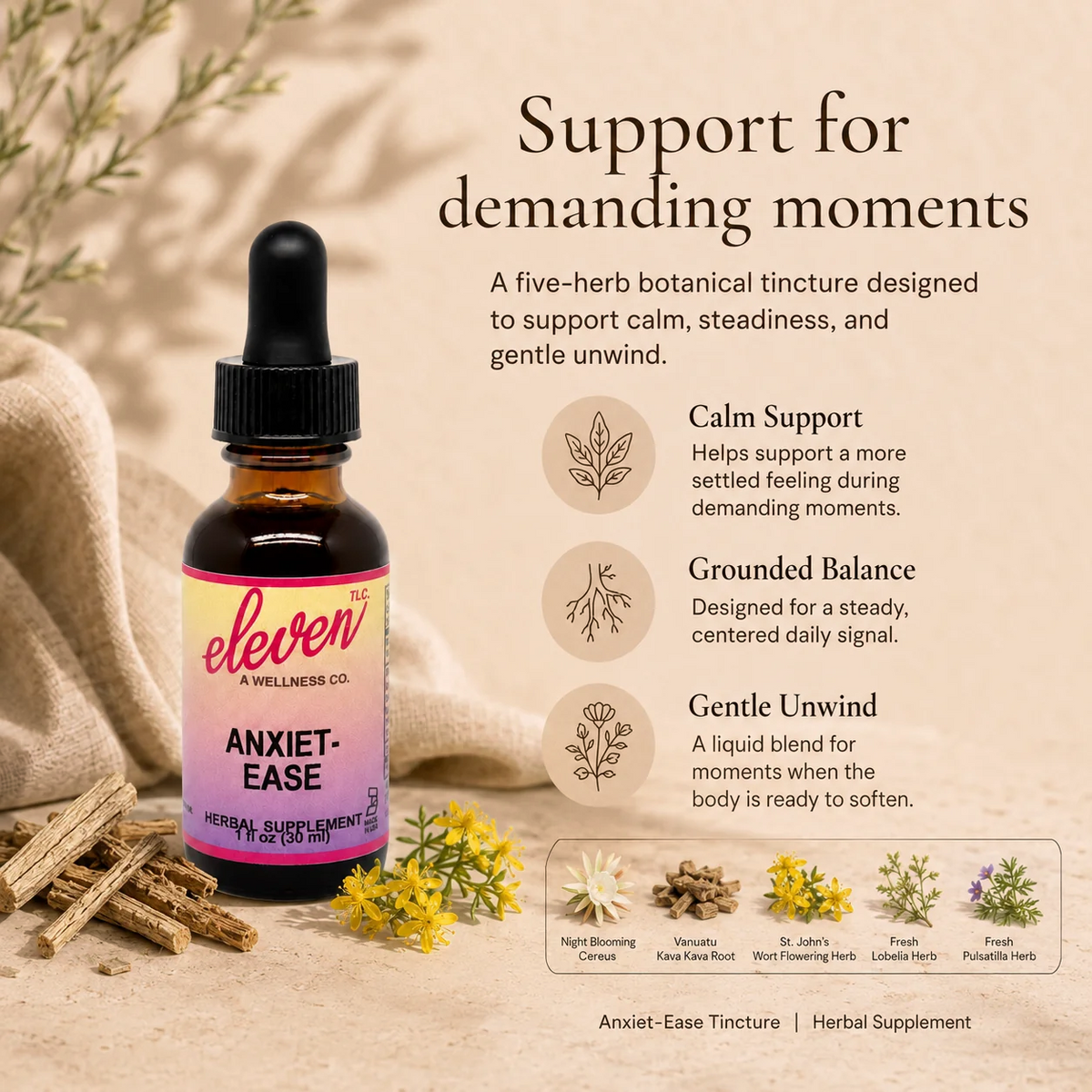 Eleven TLC Anxiet-Ease infographic featuring 1oz tincture, 5-herb proprietary blend, and daily support messaging.