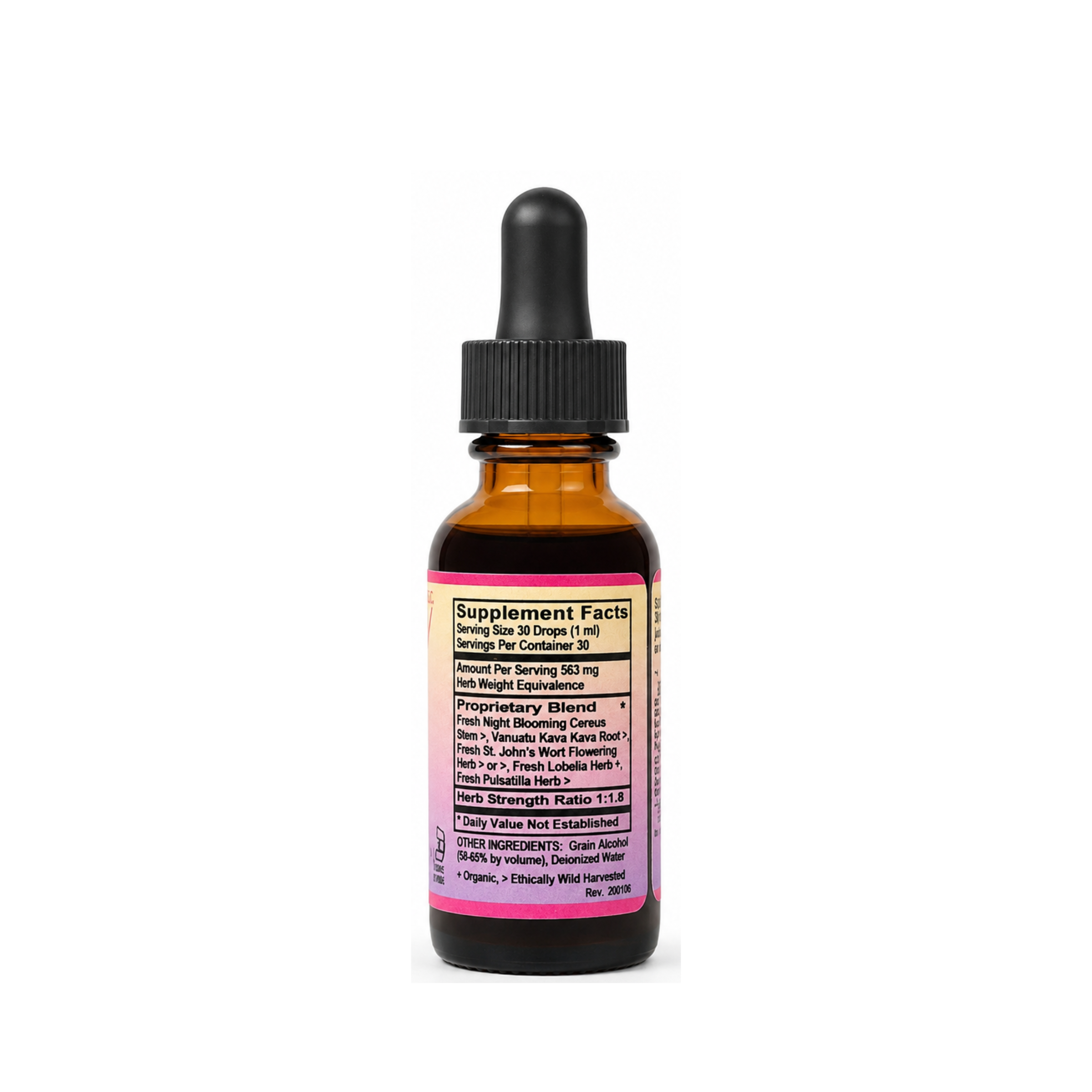 Eleven TLC 1oz Anxiet-Ease tincture supplement facts: 563mg proprietary blend of night blooming cereus, kava, St. John's wort, lobelia, and pulsatilla.