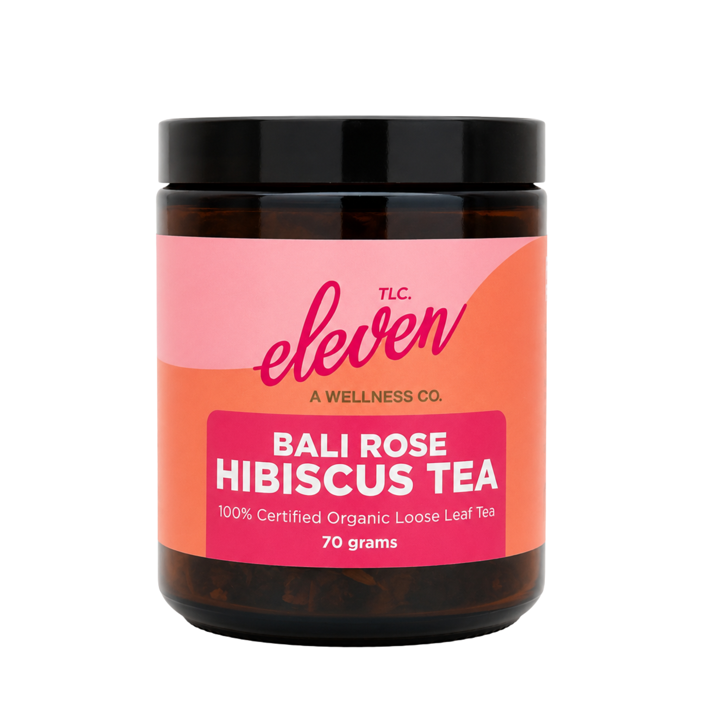 Eleven TLC Bali Rose Hibiscus Tea 70g organic loose leaf tea in amber glass jar with black lid