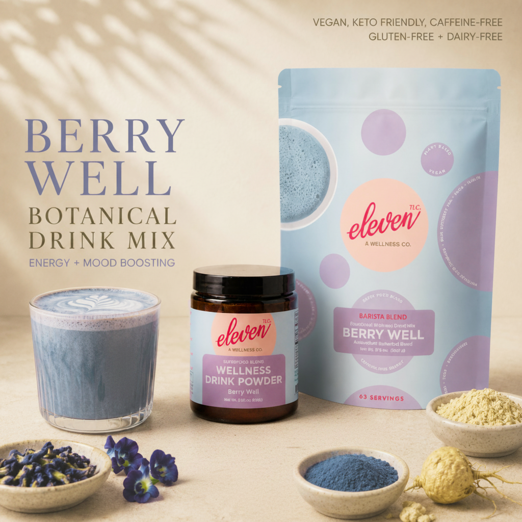 Eleven TLC Berry Well 500g pouch, glass jar, and raw blue spirulina and butterfly pea flower botanical ingredients.