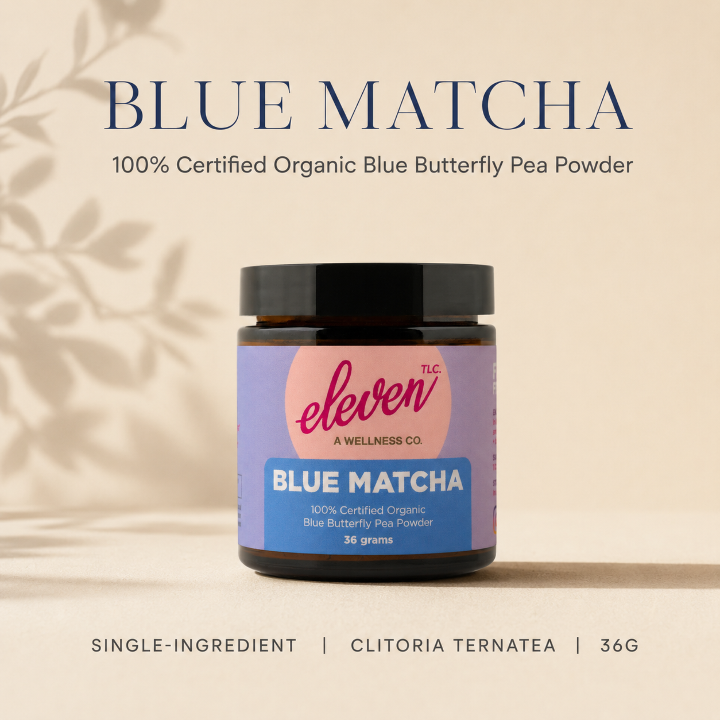 Eleven TLC Blue Matcha 36g amber jar product-identity graphic for organic butterfly pea flower powder.