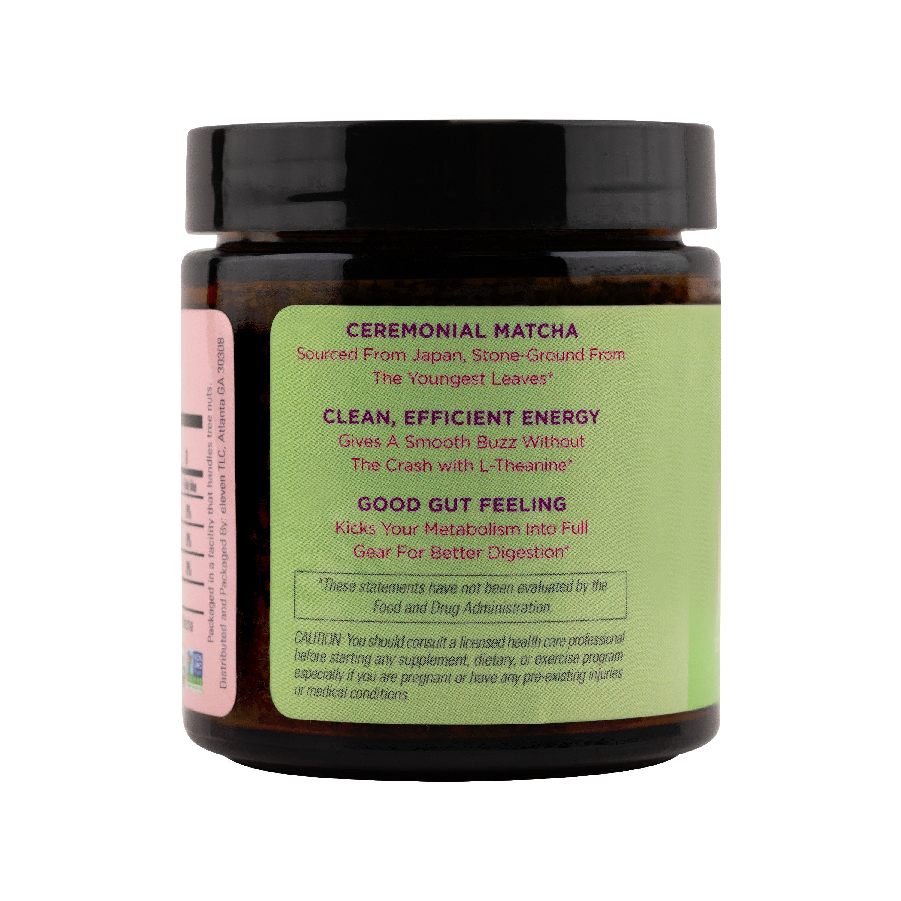 Eleven TLC Ceremonial Nishio Matcha 40g in amber glass jar, showcasing organic certification, Nishio region origin, and storage architecture for bioactive purity.