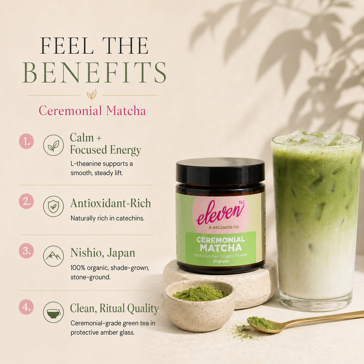 Infographic for Eleven TLC Ceremonial Nishio Matcha showing benefits: calm focused energy from L-theanine, antioxidant-rich catechins, 100% organic Nishio Japan origin, and clean quality in amber glass storage.