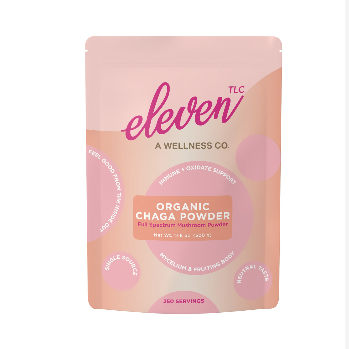 Eleven TLC Organic Chaga Mushroom Powder 500g pouch, front panel.