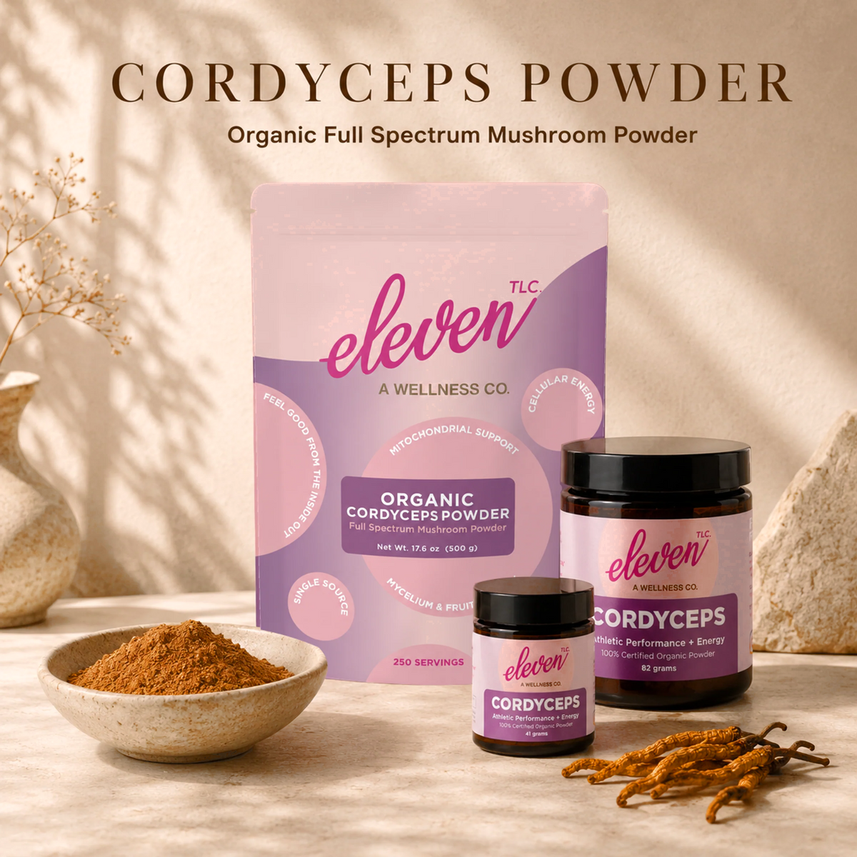 Eleven TLC Cordyceps mushroom powder shown in 41g, 82g, and 500g sizes with powder bowl and whole cordyceps.