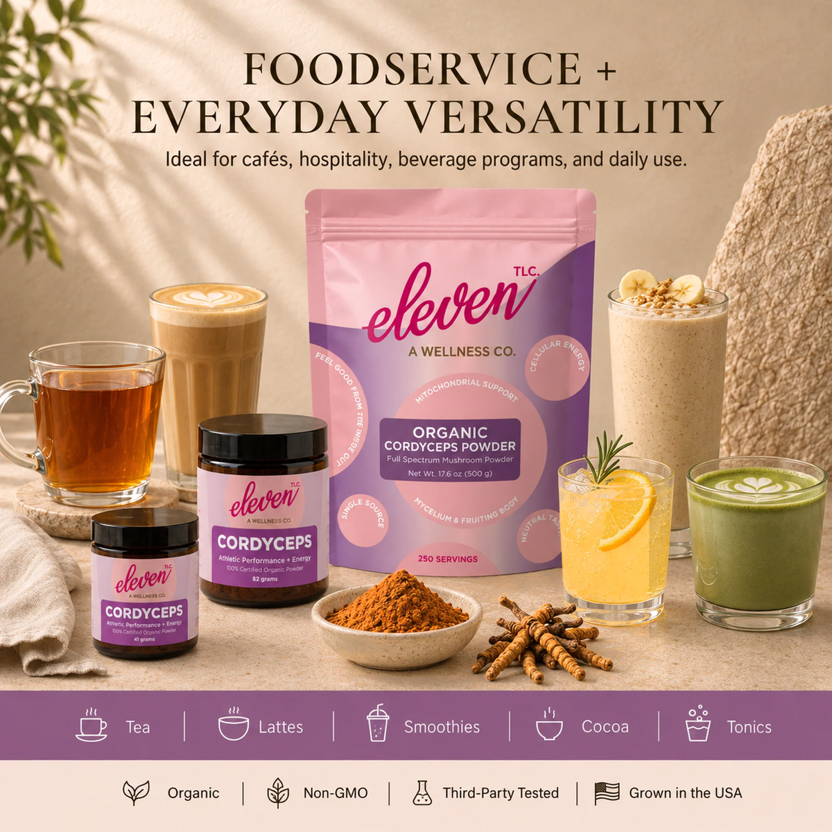 Eleven TLC Organic Cordyceps Mushroom Powder 500g pouch with 41g and 82g jars, displayed alongside tea, lattes, smoothies, matcha, and cordyceps powder for foodservice and everyday use.