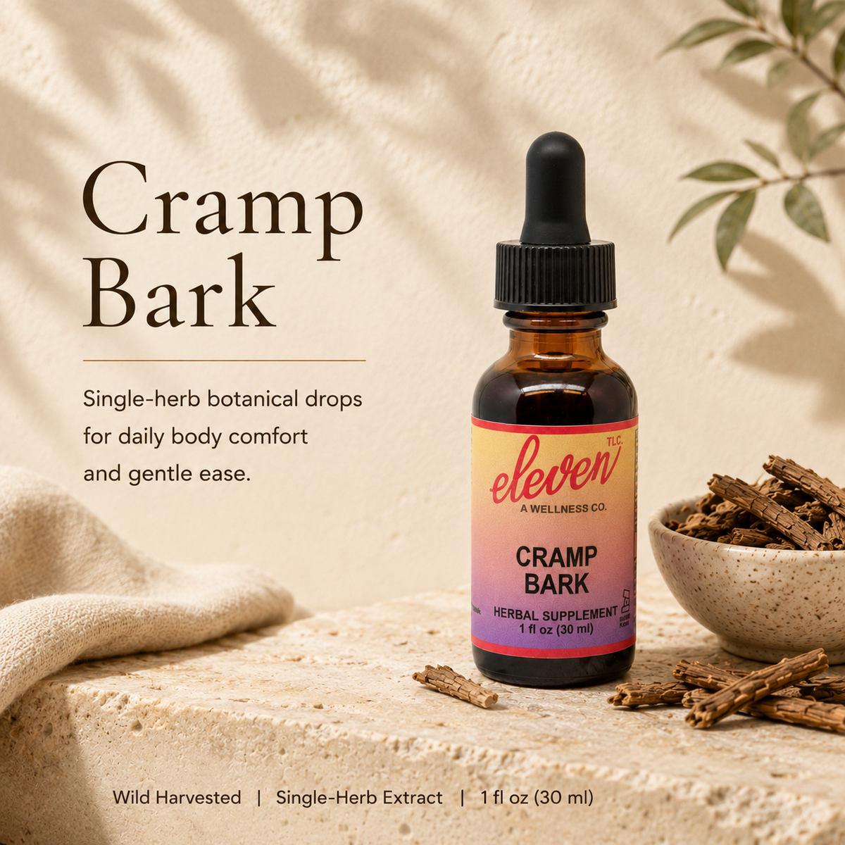 Eleven TLC Cramp Bark 1oz tincture bottle featuring branded label, amber glass, and dropper for menstrual comfort.