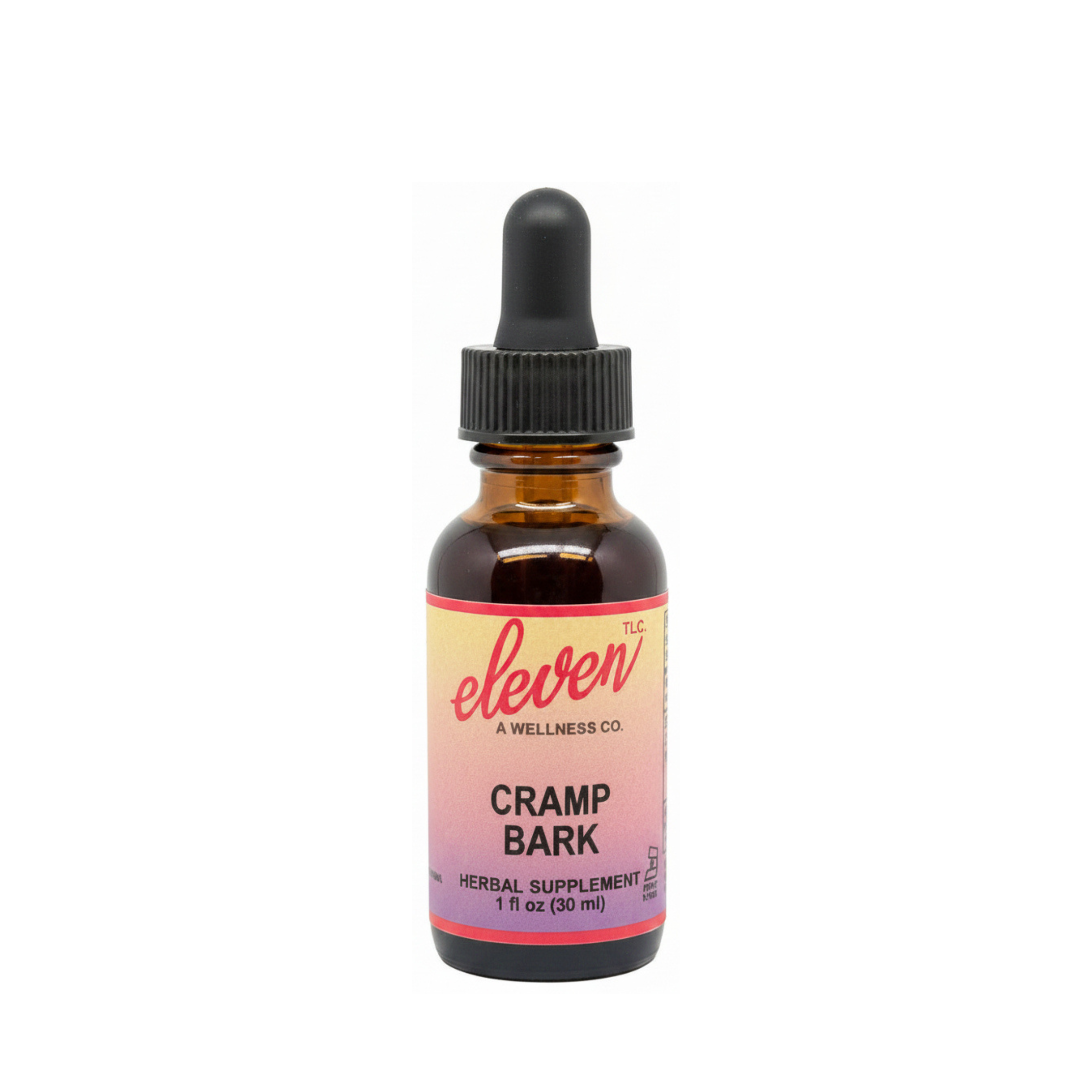 Eleven TLC Cramp Bark tincture 1 oz amber glass bottle with dropper, featuring branded label for menstrual comfort.