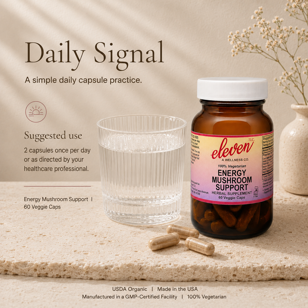 Energy Mushroom capsules in glass bowl with water glass for Daily Signal practice.