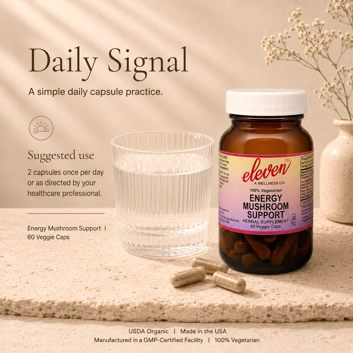 Energy Mushroom capsules in glass bowl with water glass for Daily Signal practice.