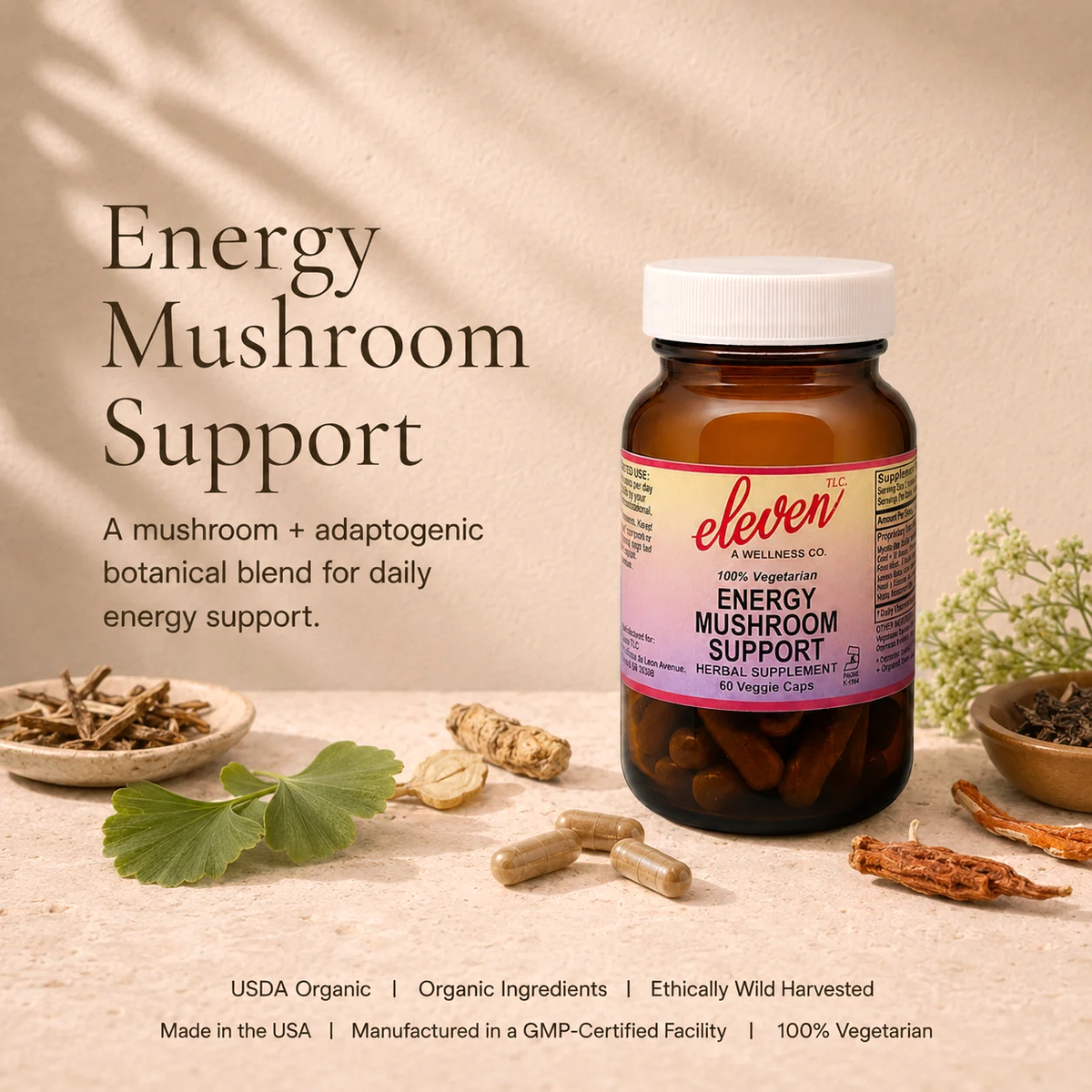 Eleven TLC Energy Mushroom + Adaptogen capsules 60-count bottle with botanical ingredients and functional benefit summary.