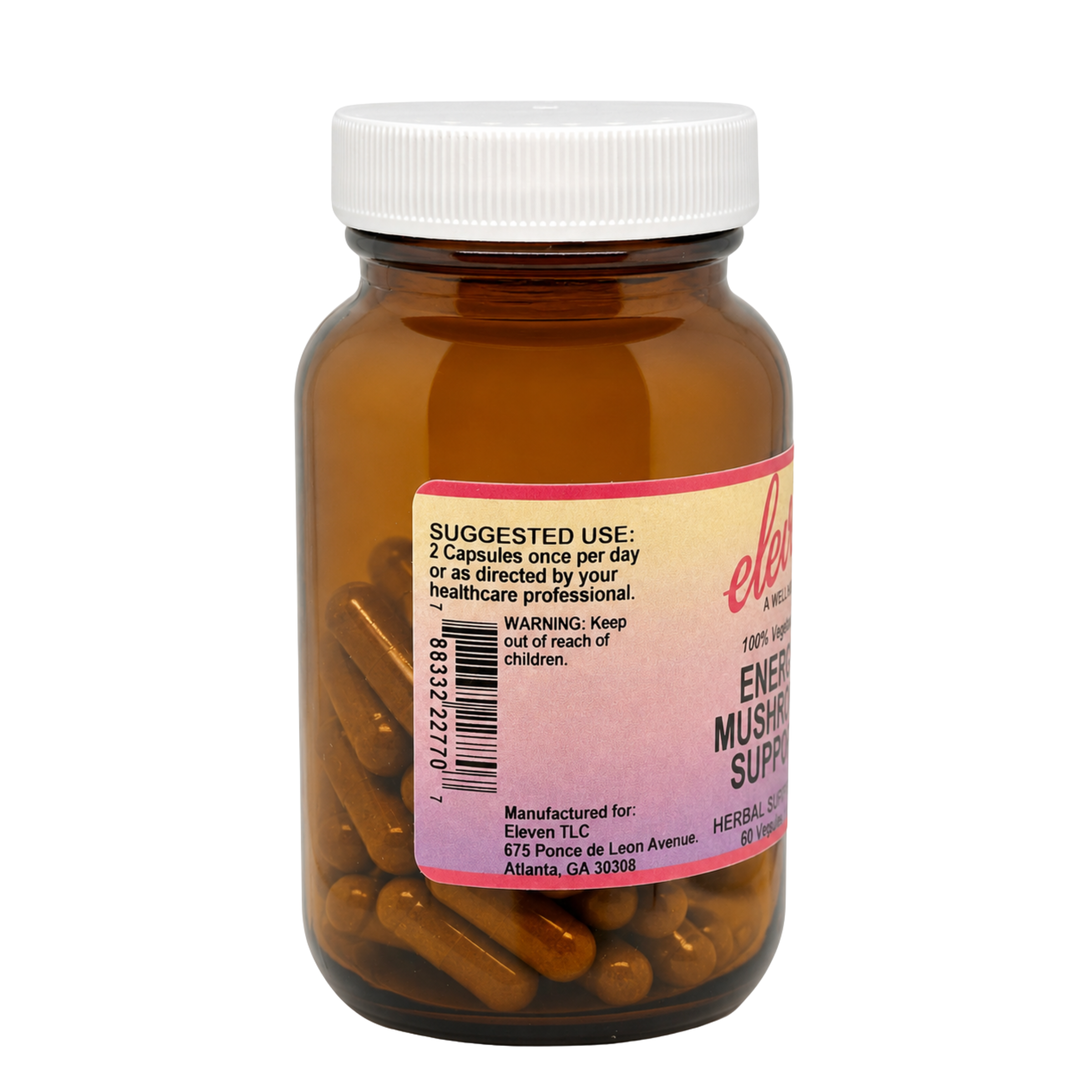 Eleven TLC Energy Mushroom + Adaptogen capsules bottle showing Daily Signal label: take 2 capsules daily.