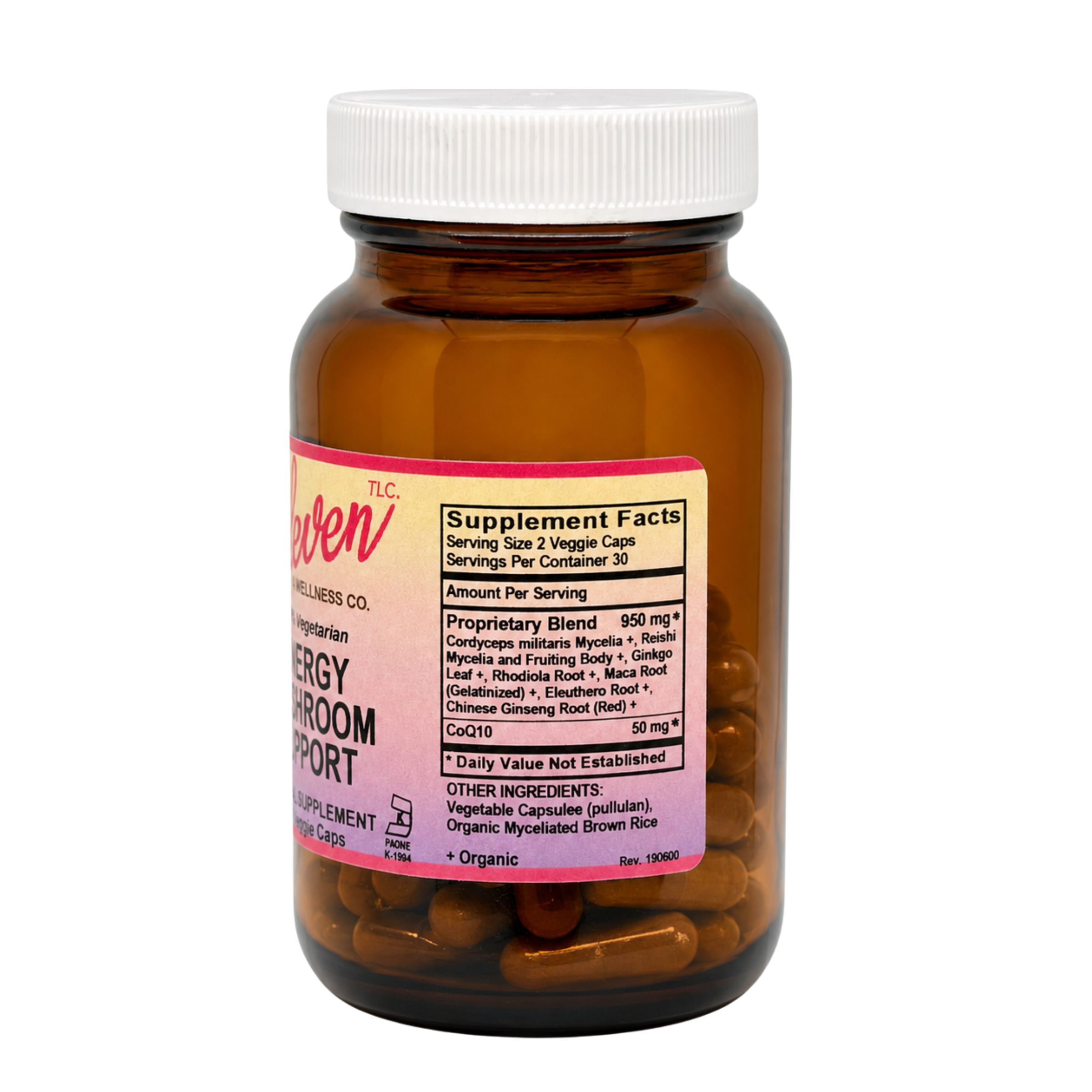 Supplement facts panel for Eleven TLC Energy Mushroom capsules showing cordyceps and ginseng.