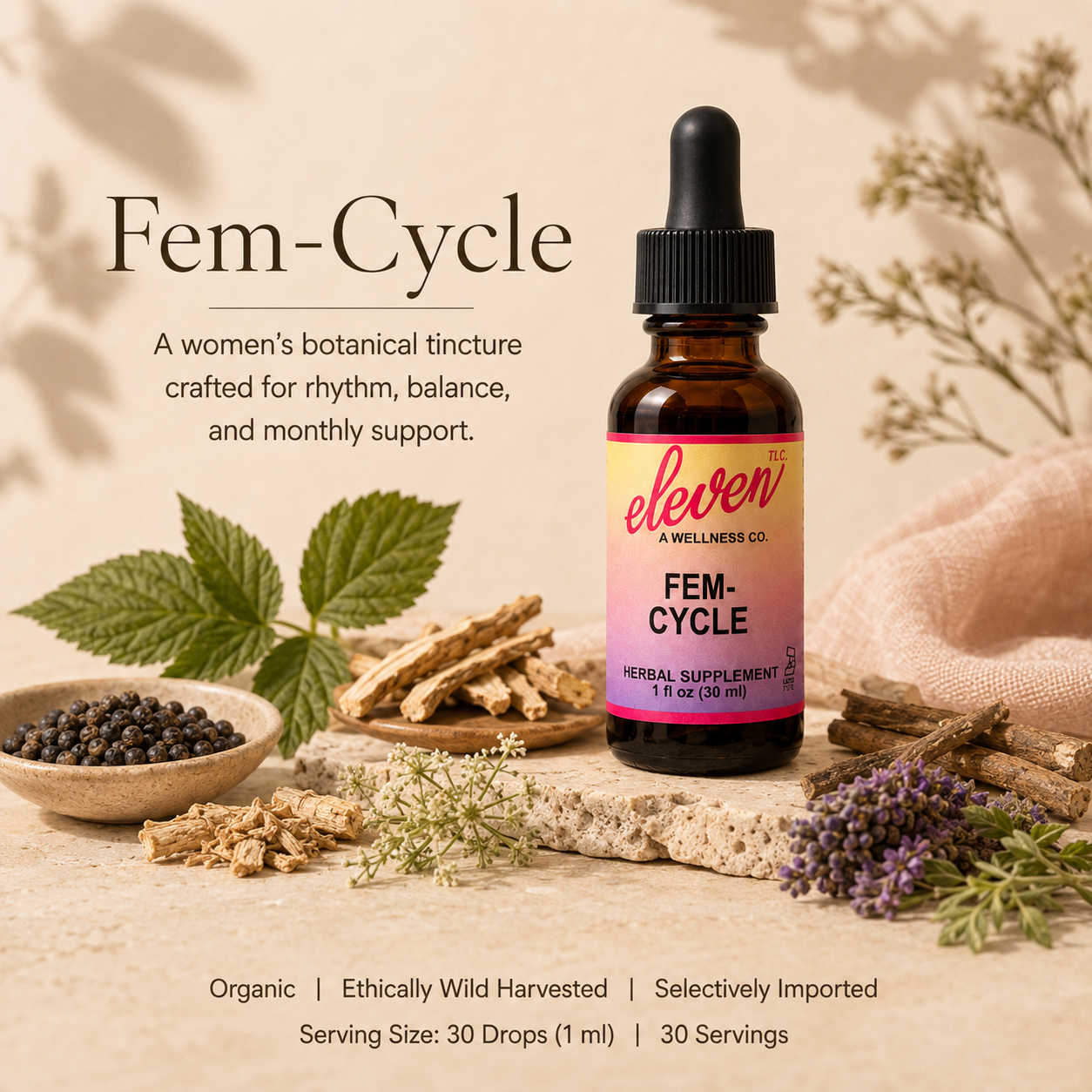 Eleven TLC Fem-Cycle 1 oz tincture in an amber glass bottle with black dropper cap and white gradient labe