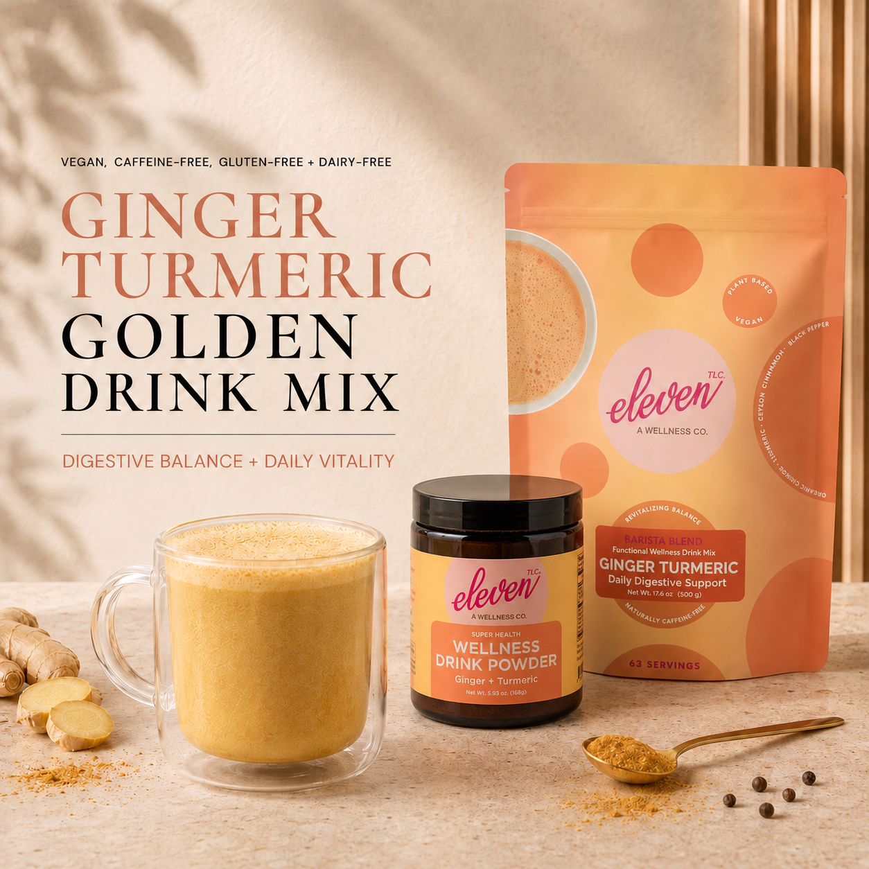 500g bulk pouch of organic ginger-turmeric latte base with raw ginger, turmeric roots, and carob pods on stone.