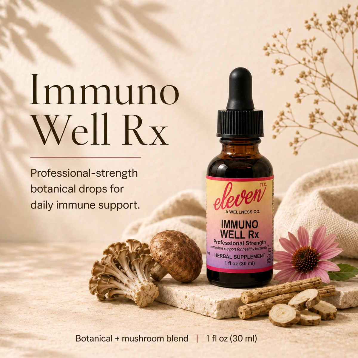 Eleven TLC Immuno-Well Rx 1oz tincture bottle with botanicals, featuring professional-strength immune support formula