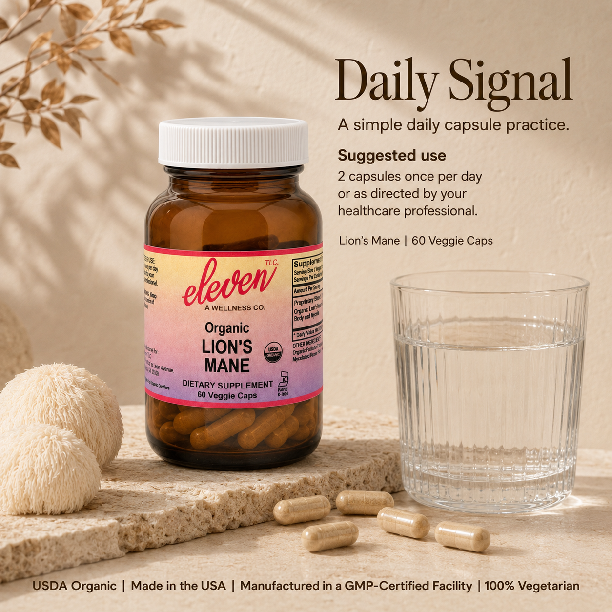 Eleven TLC Organic Lion's Mane mushroom capsules 60-count bottle graphic: Daily Signal instruction for 2 capsules daily.