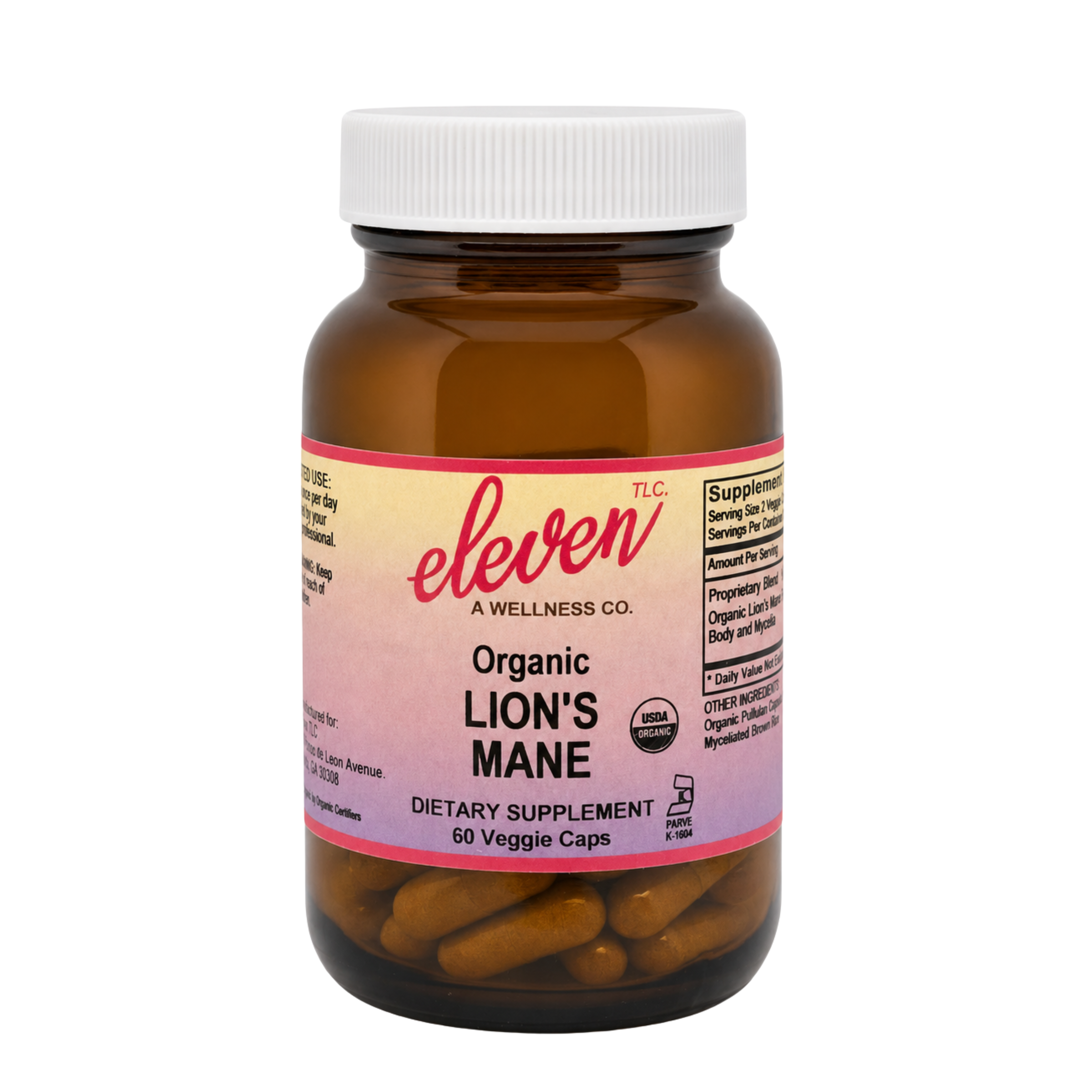 Eleven TLC 60-count Organic Lion's Mane mushroom capsules bottle with front label branding on white background