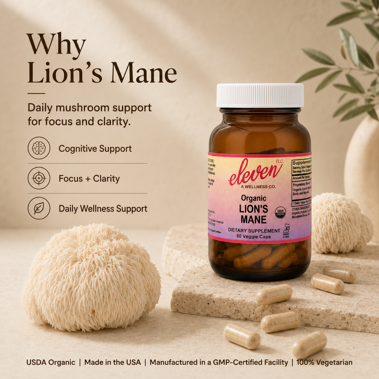 Eleven TLC 60-count Organic Lion's Mane mushroom capsules bottle displayed on a neutral surface with fresh Lion's Mane mushrooms.