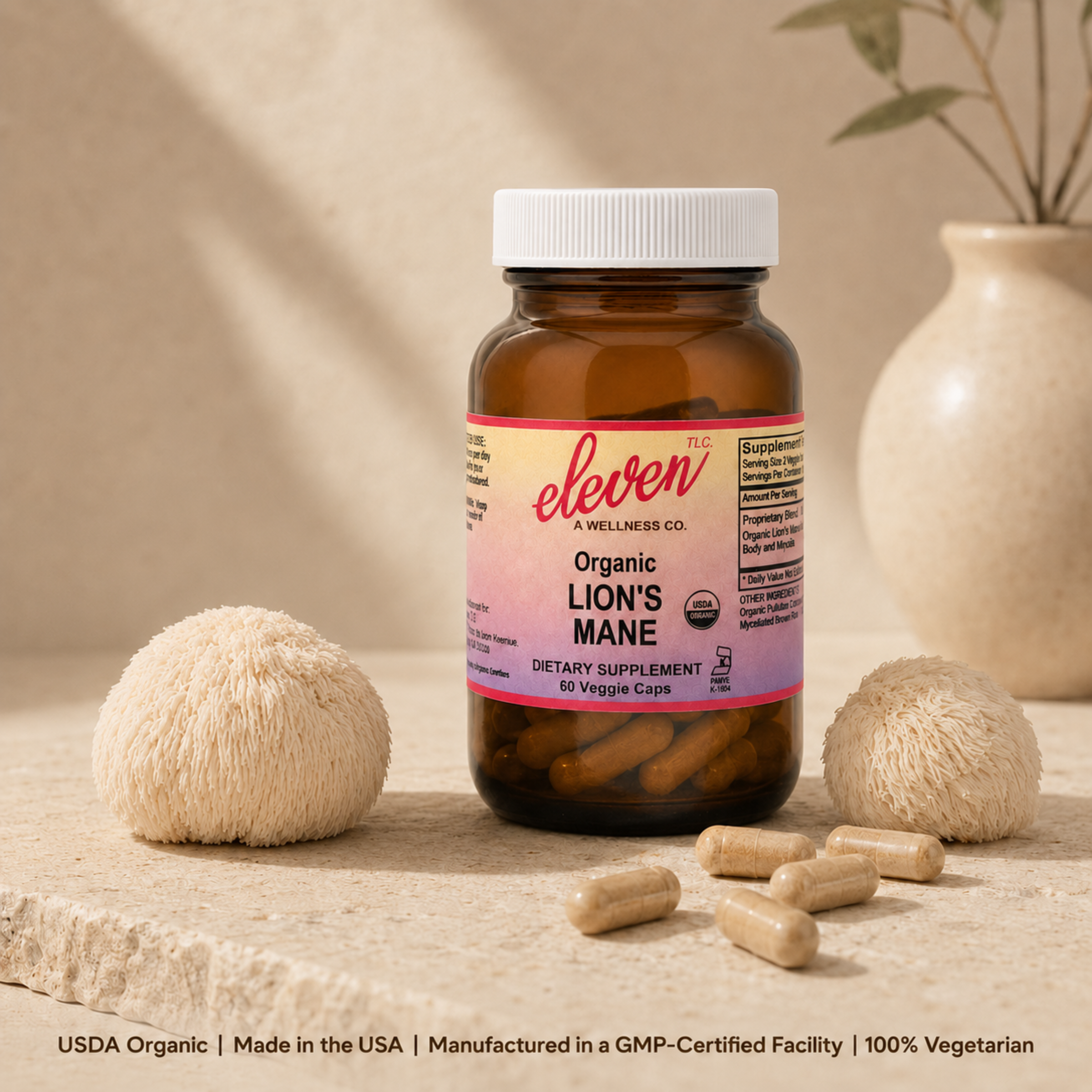 Eleven TLC 60-count Organic Lion's Mane mushroom capsules bottle displayed on neutral surface with dried mushroom specimens.