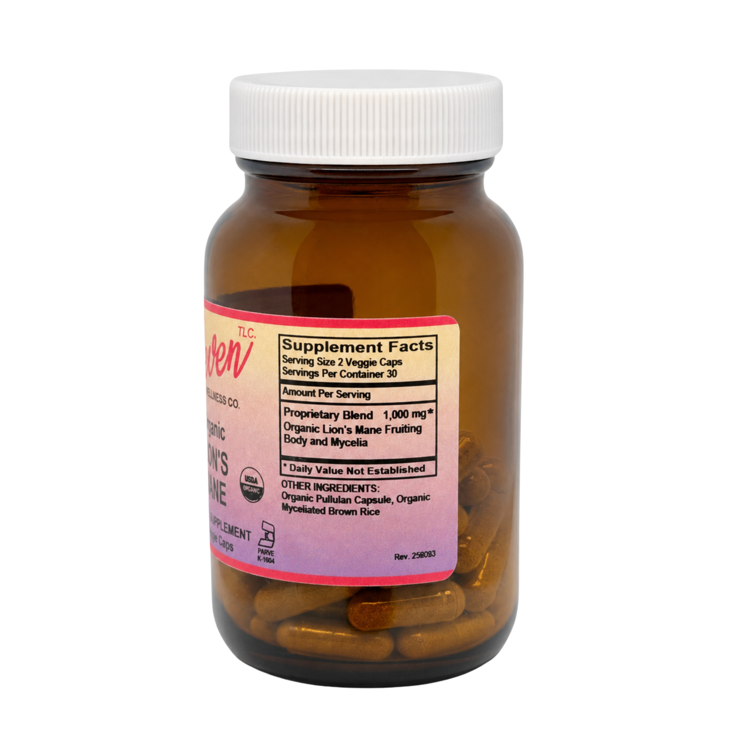 Eleven TLC 60-count Lion's Mane mushroom capsules supplement facts: 1,000mg organic Lion's Mane fruiting body and mycelia blend.