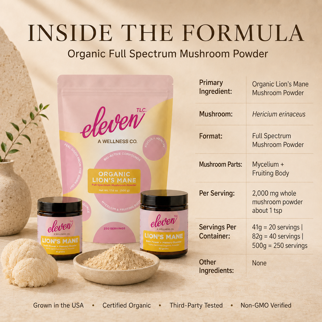 Inside the formula for Eleven TLC Lion’s Mane mushroom powder showing organic mushroom powder, Hericium erinaceus, serving size, and servings by size.