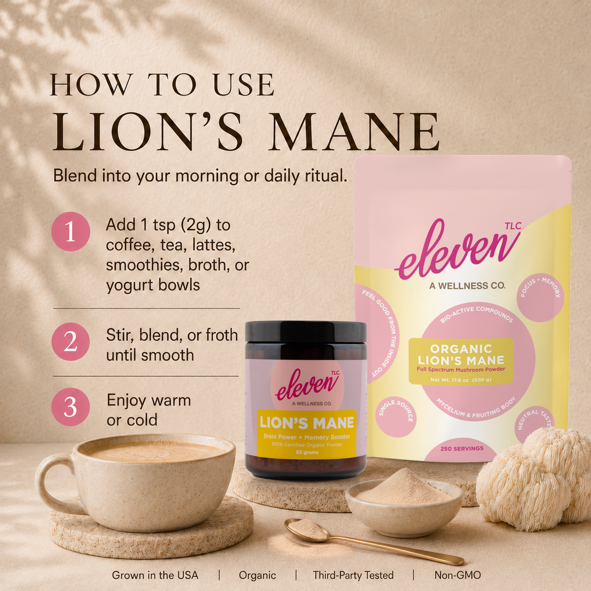 How to use Eleven TLC Lion's Mane powder: add 1 tsp (2g), stir, blend or froth until smooth, and enjoy warm or cold; shown with an 82g jar and 500g pouch.