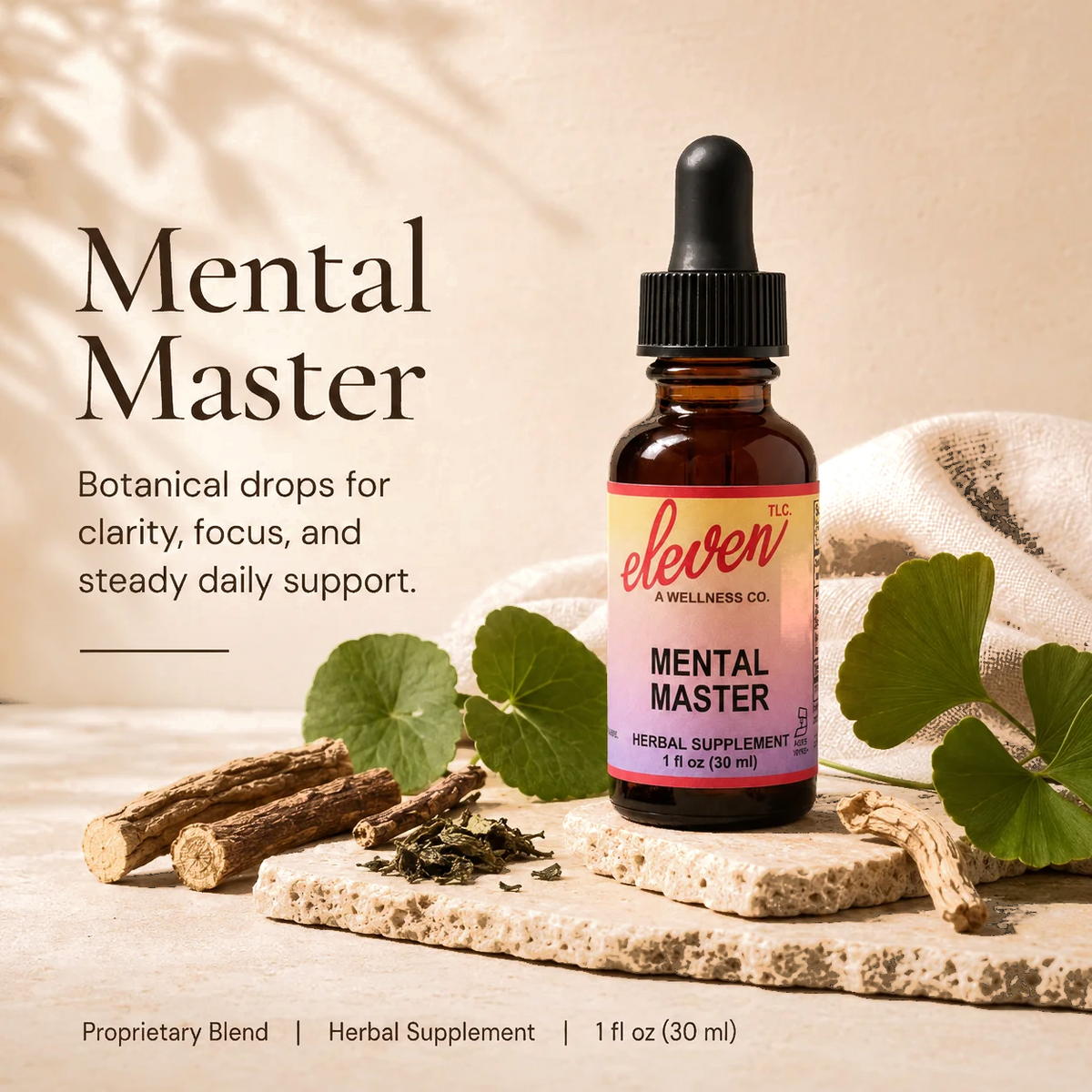 Eleven TLC Mental Master 1 oz tincture amber glass bottle with dropper, featuring branded label and botanical herbs.