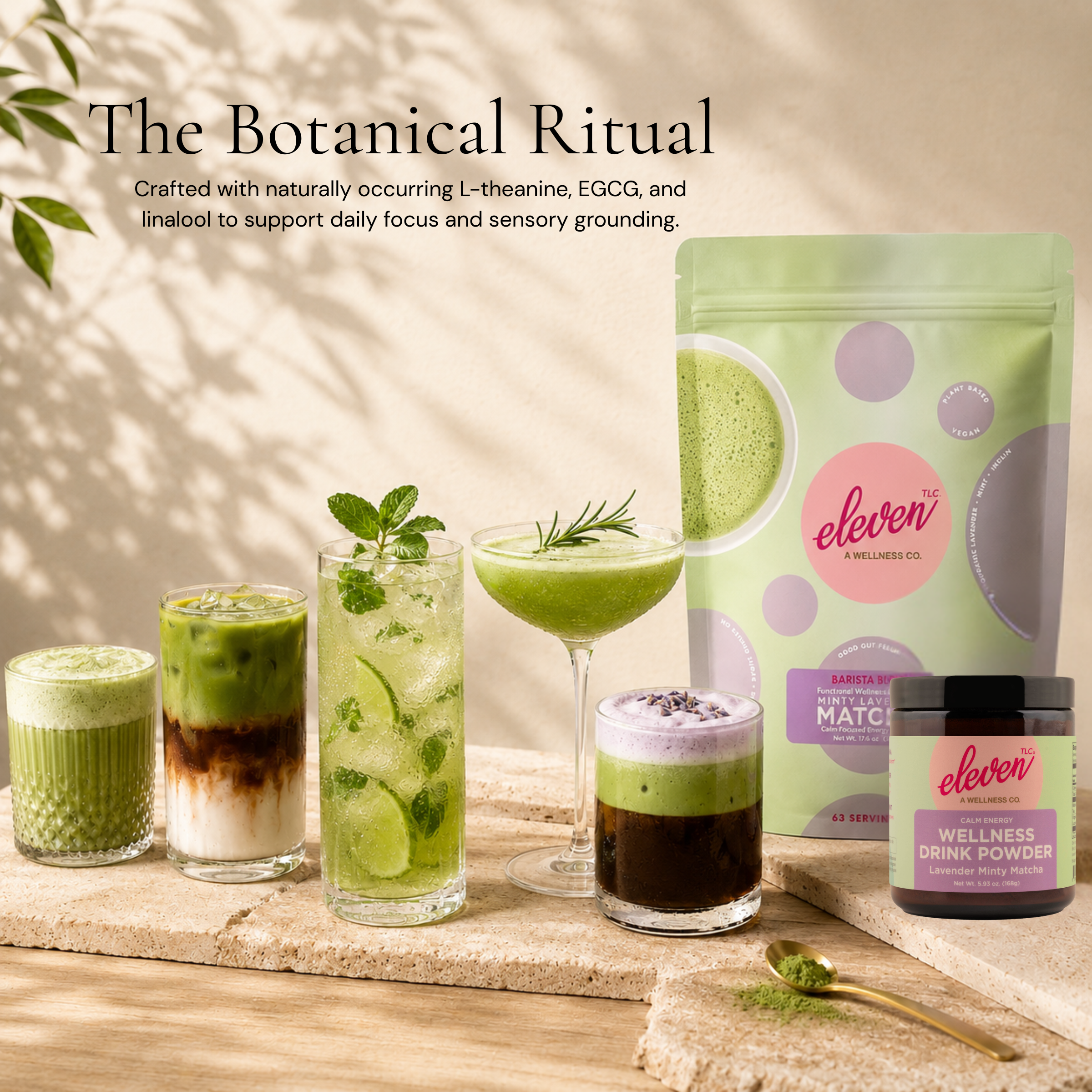eleven-tlc-minty-lavender-matcha-powder-infographic-showcasing-five-drink-variations-including-latte-and-mocktail-prep-with-500g-bulk-pouch-and-168g-glass-jar-on-travertine-surface