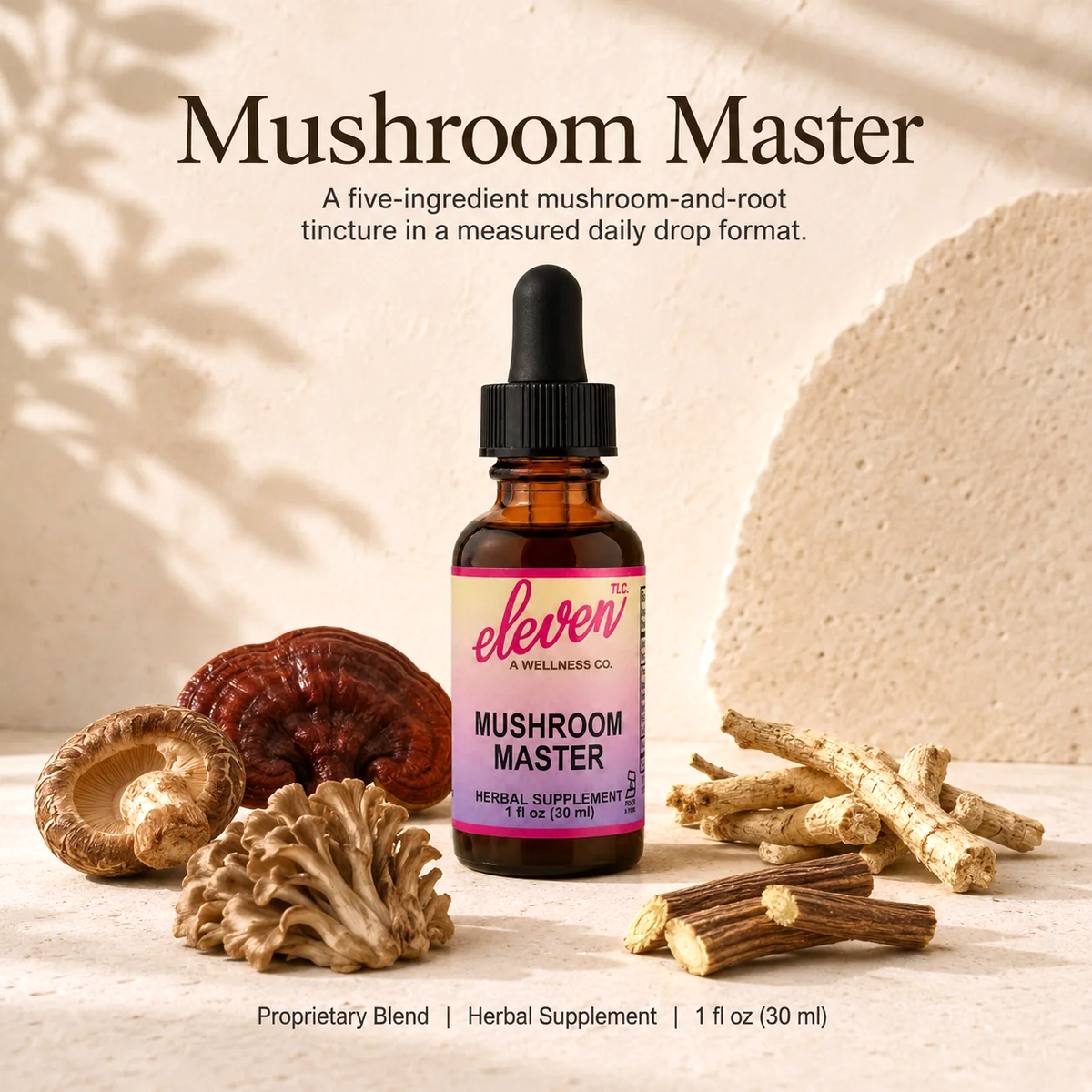 Eleven TLC Mushroom Master tincture bottle with Reishi, Shiitake, Maitake, and Ashwagandha on wooden surface.