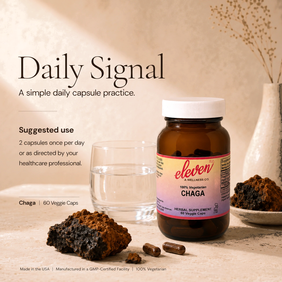 Eleven TLC Chaga Mushroom capsules bottle showing Daily Signal: 2 capsules daily for immune support.