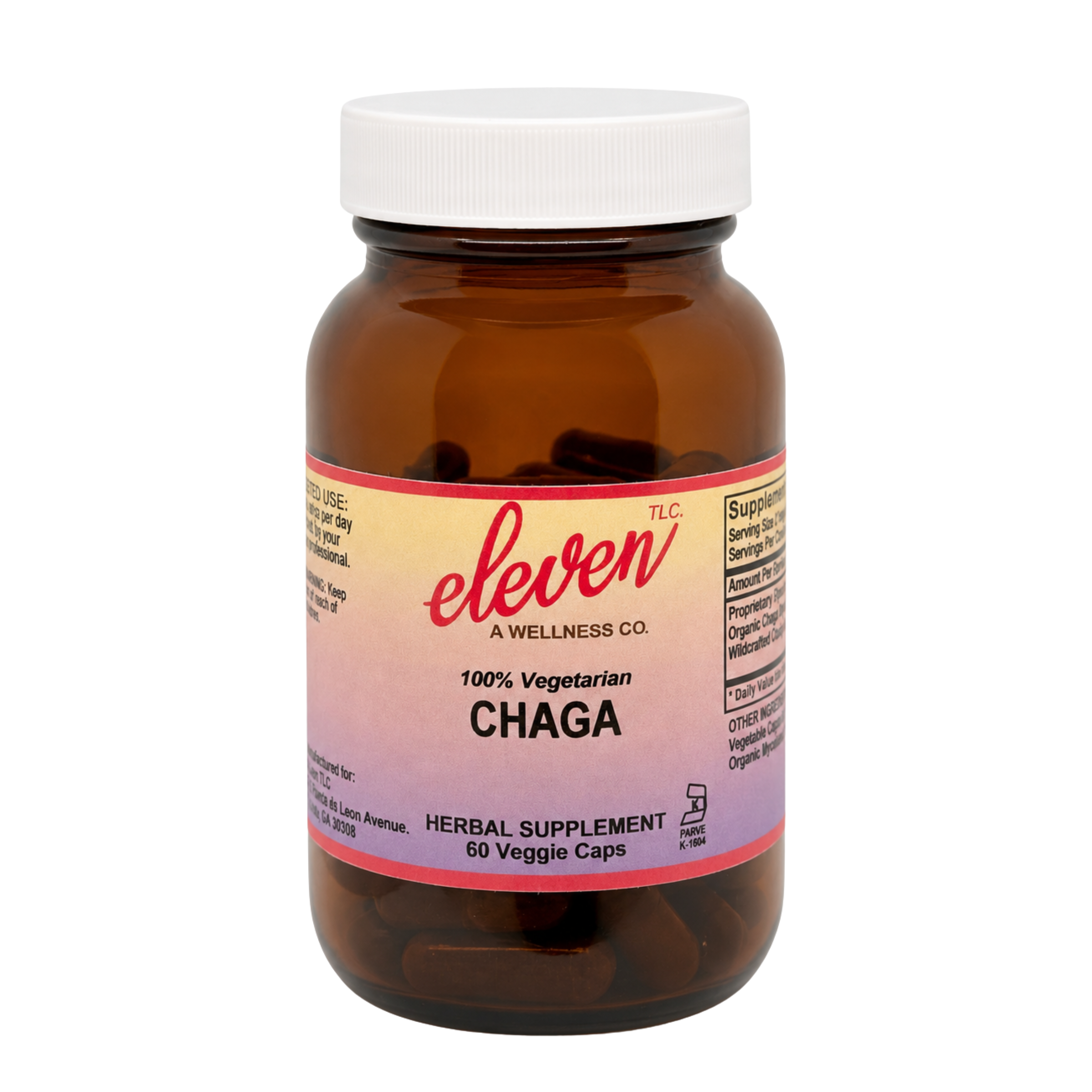 Eleven TLC 60-count Organic Chaga Mushroom capsules bottle with front label branding on white background.