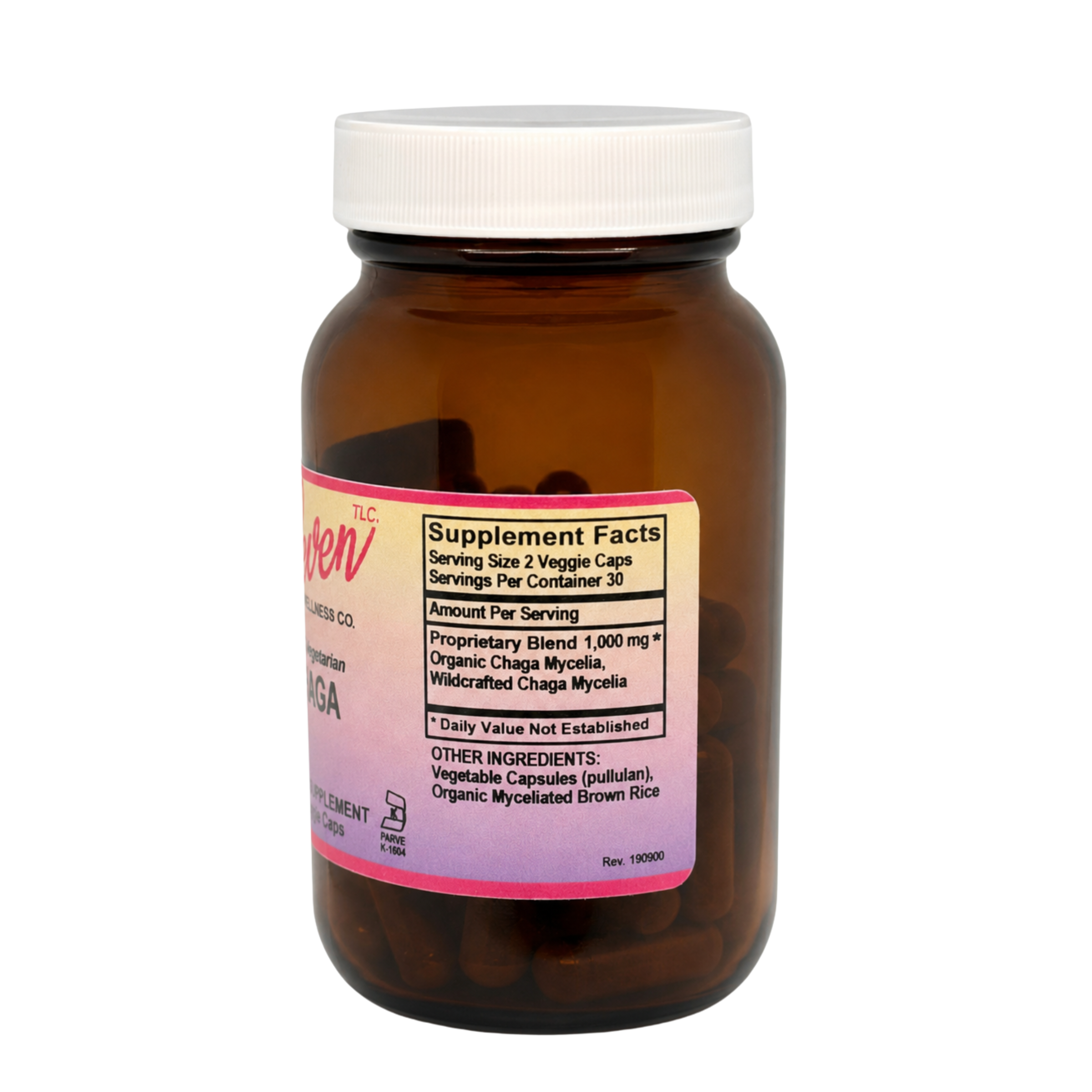 Eleven TLC Chaga Mushroom capsules supplement facts panel: 1,000mg organic and wildcrafted chaga mycelia.