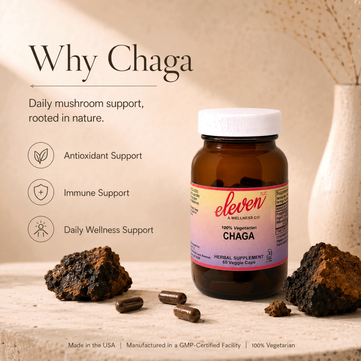 Eleven TLC Chaga Mushroom capsules bottle graphic: antioxidant, immune, and daily wellness support.