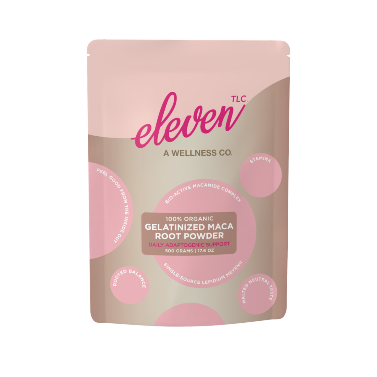 Front view of an Eleven TLC Organic Gelatinized Maca Root Powder 500 g bag on a white background.