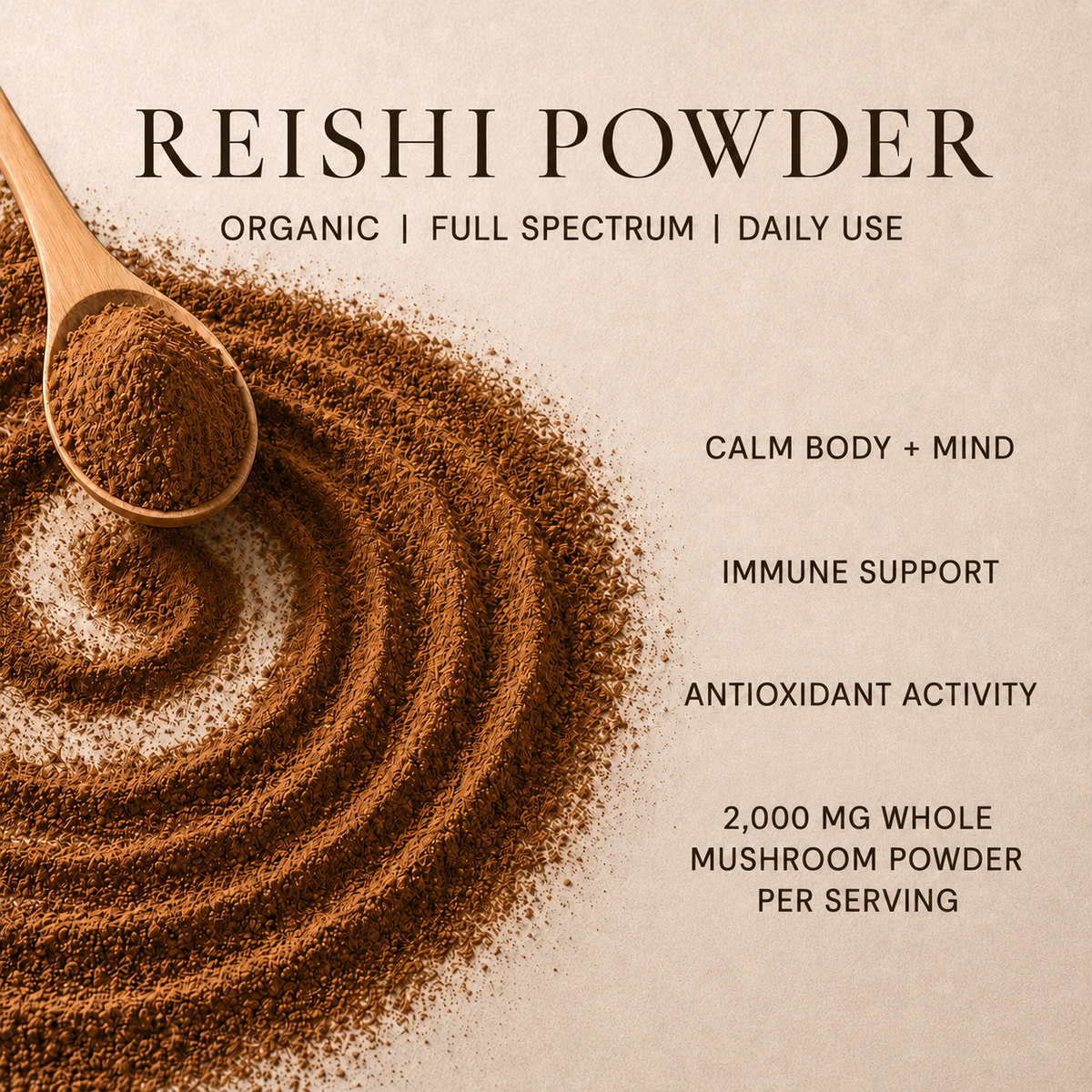 Reishi powder swirl with wooden spoon, highlighting immune support, antioxidant activity, and 2,000 mg per serving