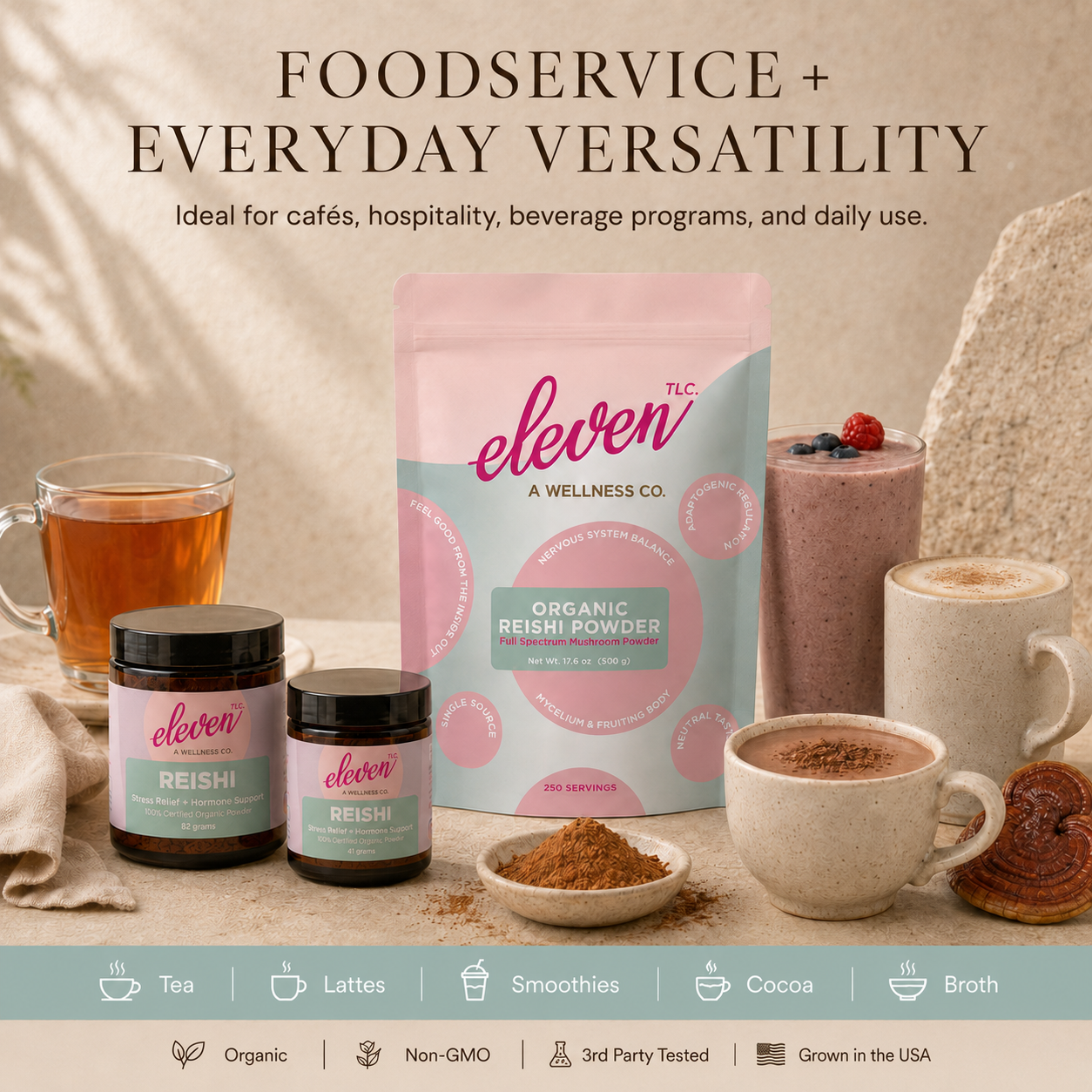 Eleven TLC organic reishi mushroom powder 500g foodservice pouch displayed with jars, glass of tea, latte, and smoothie on a table.