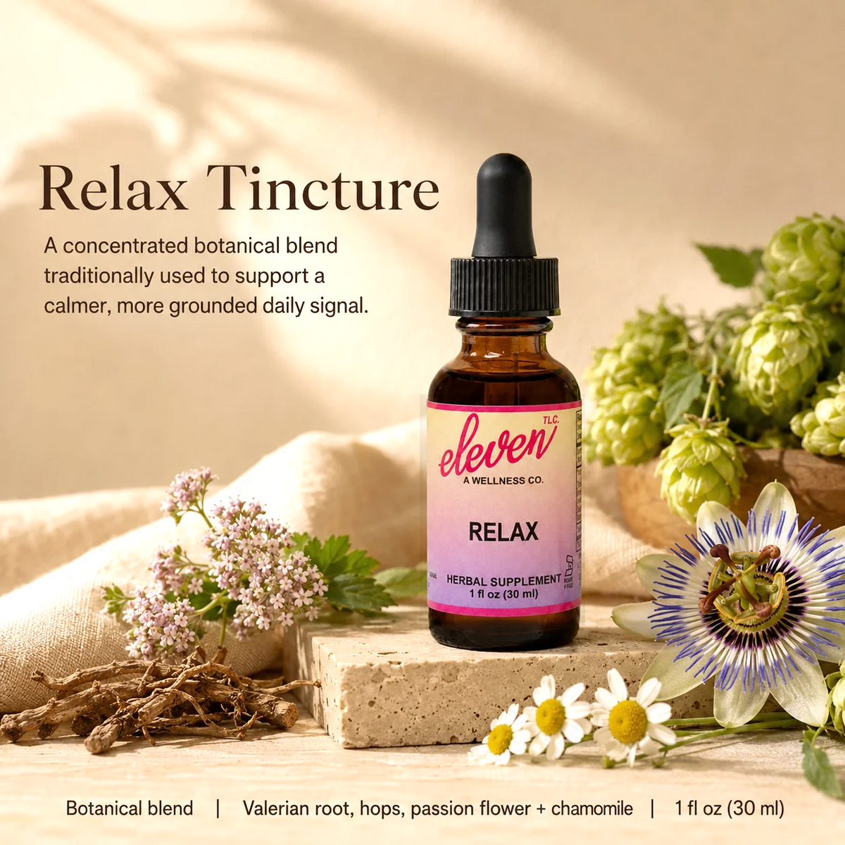 1oz amber glass dropper bottle of Relax herbal tincture featuring Eleven TLC branding, kava and valerian formula for stress.