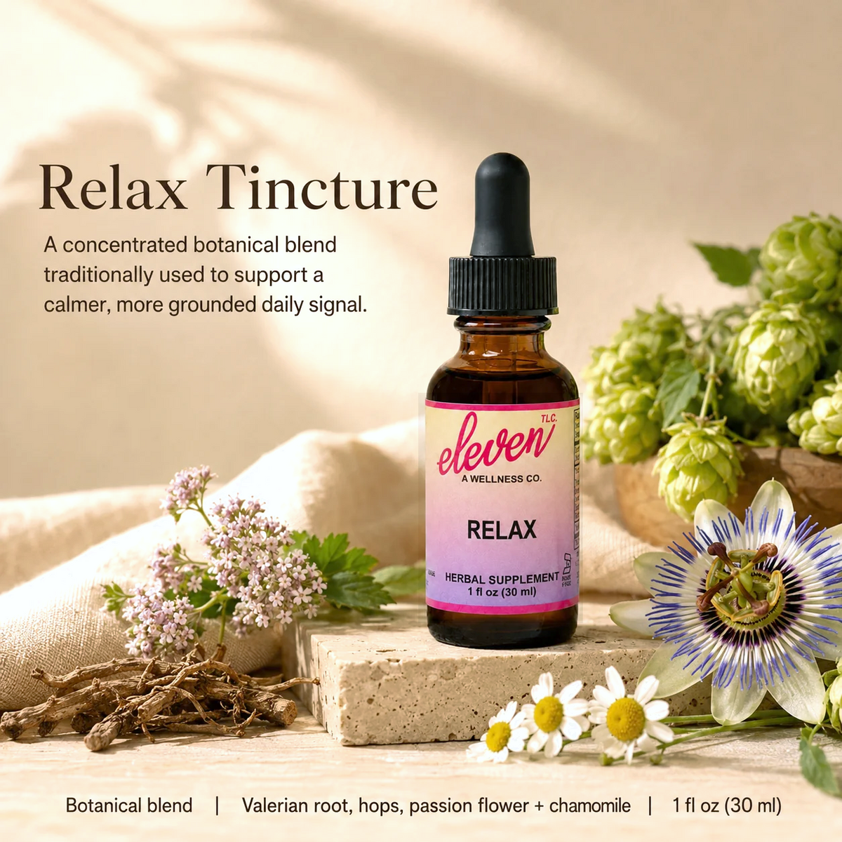 1oz amber glass dropper bottle of Relax herbal tincture featuring Eleven TLC branding, kava and valerian formula for stress.
