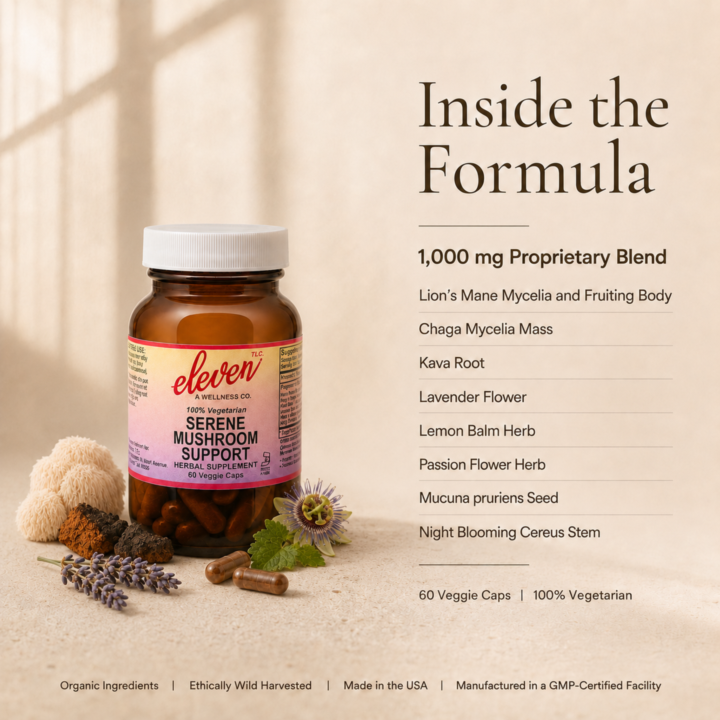 Eleven TLC Serene Mushroom + Herb capsules formula graphic: 1,000mg proprietary blend of mushrooms and calming botanicals.